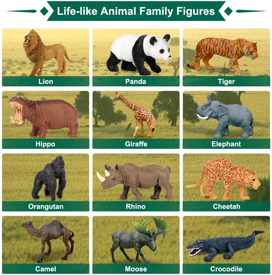 Safari Animal Toys Figures, 12 PCS Realistic Jumbo Wild Jungle Animals Figurines, Large African Zoo Animal Playset with Lion,Elephant,Giraffe, Plastic Animal Learning Toys for Kids Toddlers Boys Girls