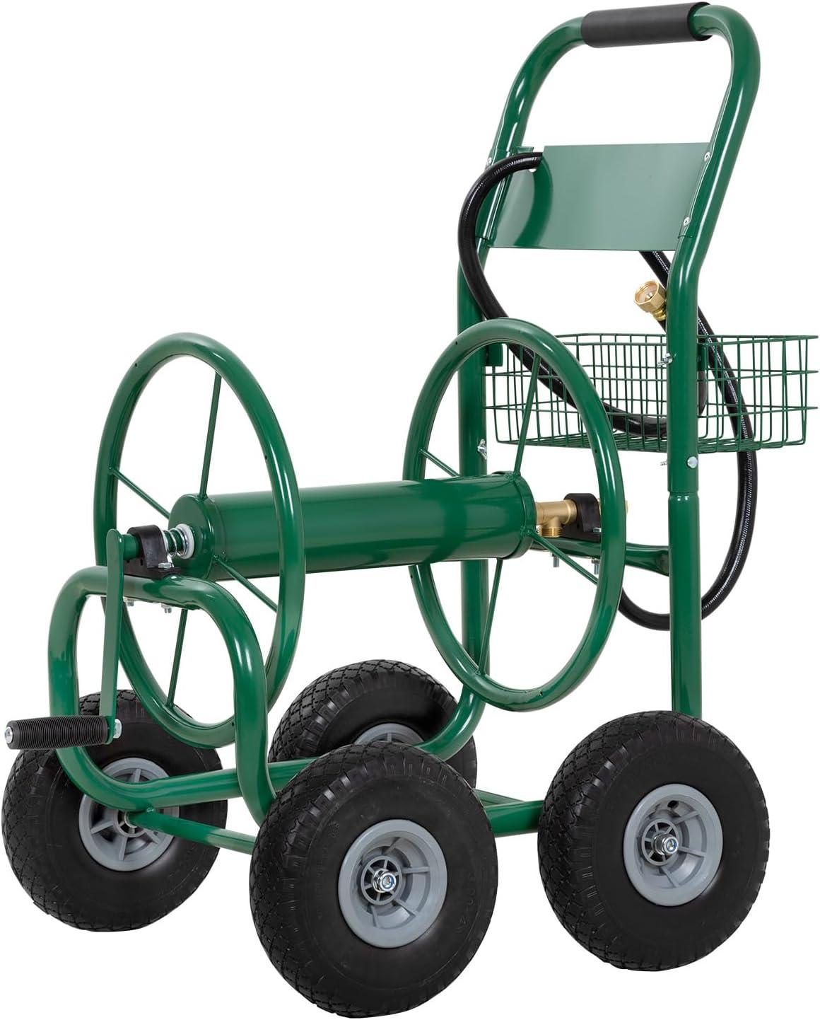 Heavy Duty Green Alloy Steel Garden Hose Reel Cart with Pneumatic Tires