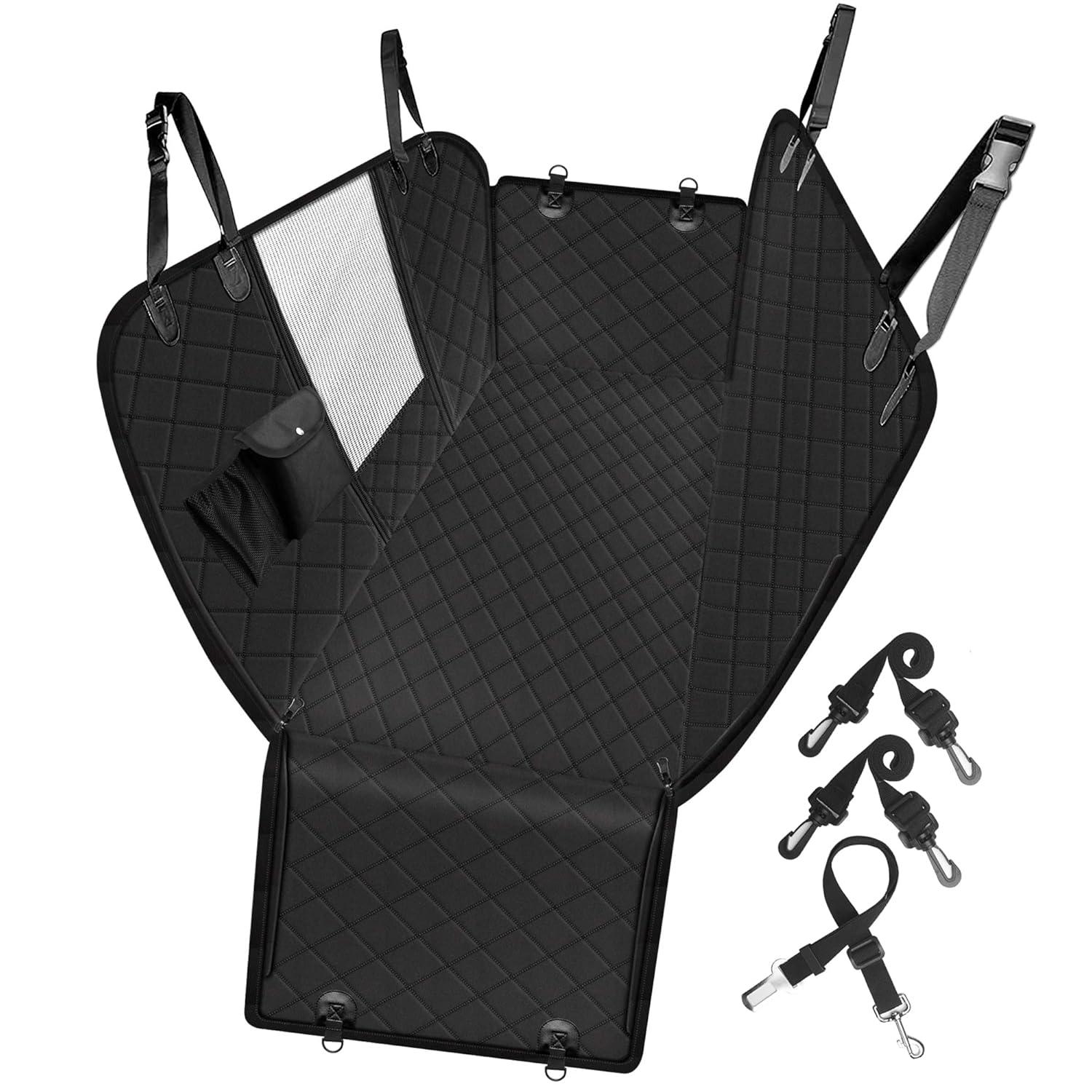 Dog Car Seat Cover with Storage Pockets Mesh Visual Window, Waterproof Nonslip , Heavy Duty Scratchproof Pet Dog Back Seat Cover Hammock for Cars Trucks and SUVs