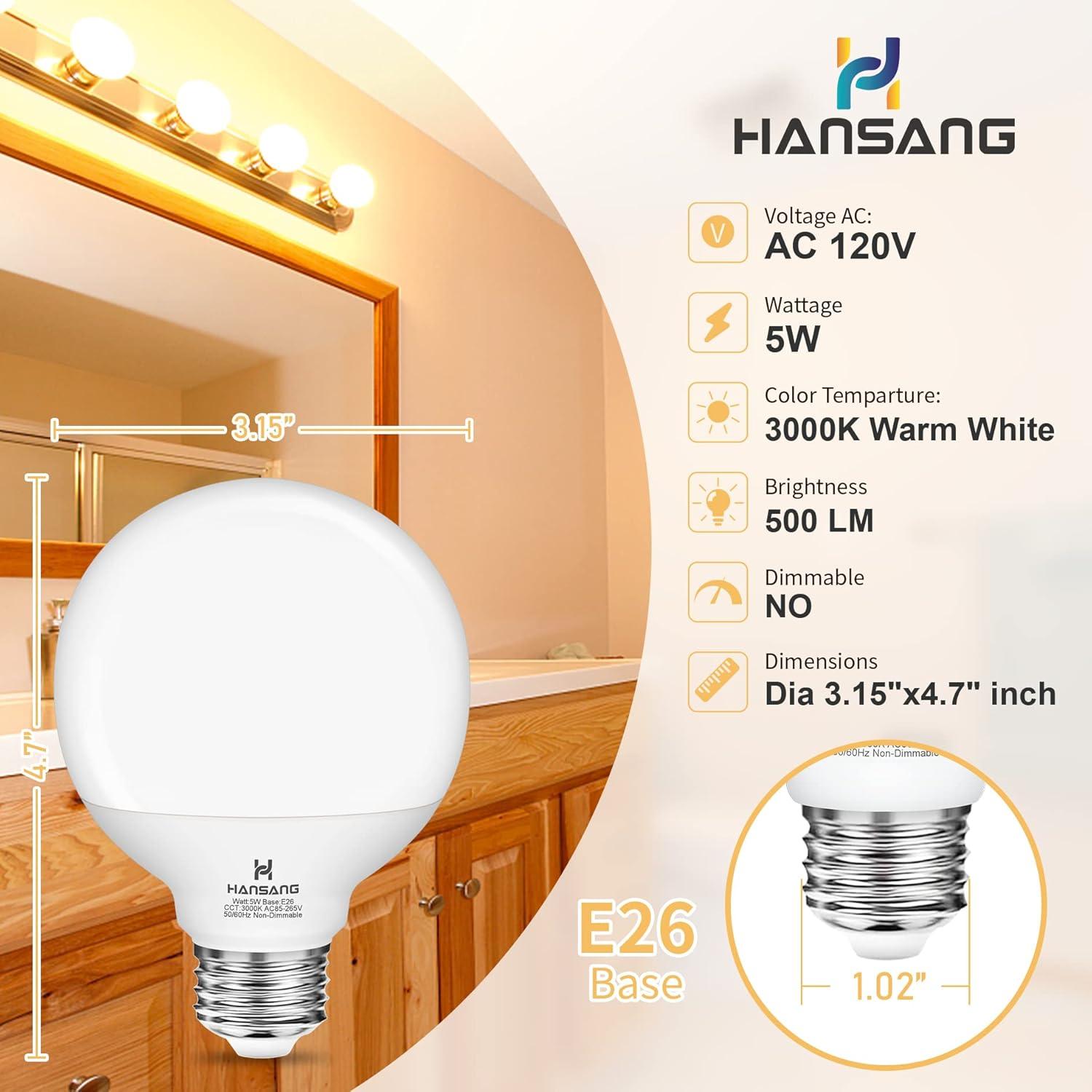 Hansang White G25 LED Globe Light Bulbs, 60W Equivalent