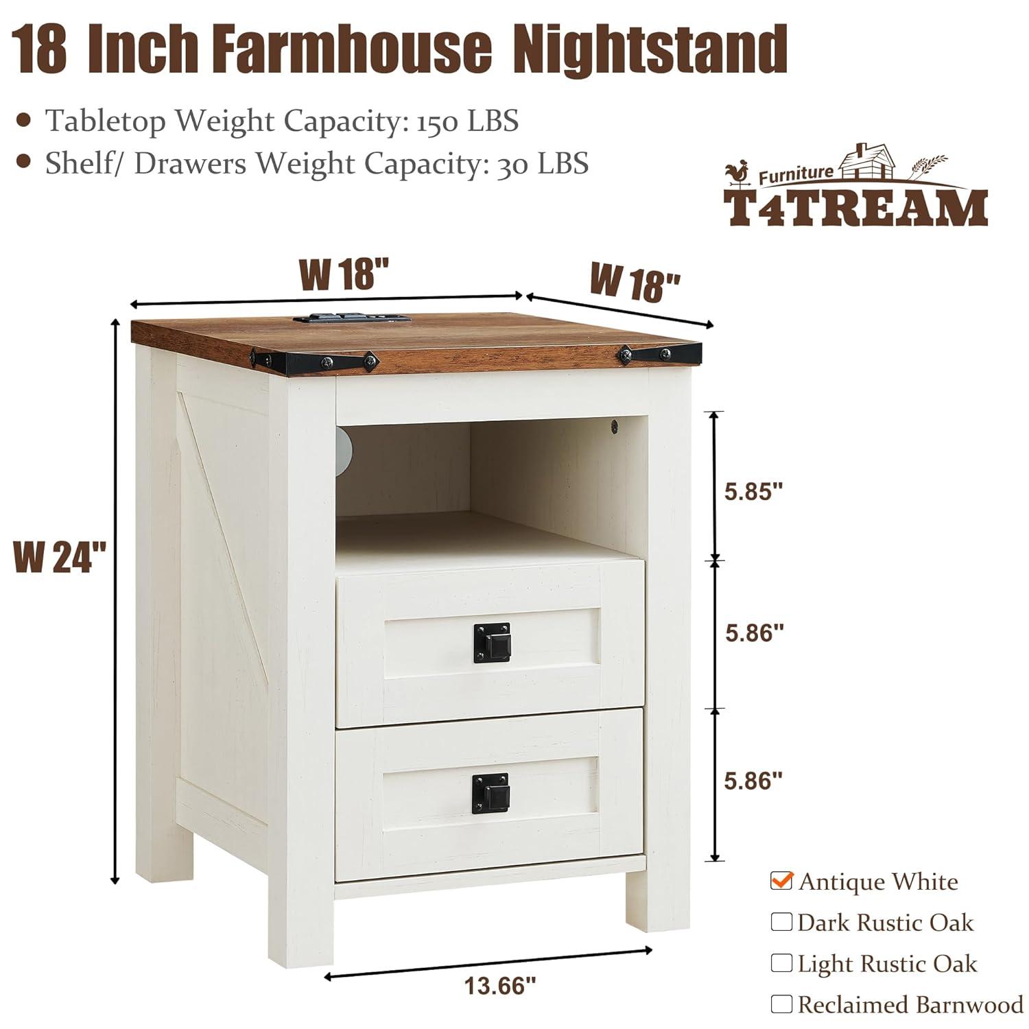 Antique White Rustic Wood Nightstand with Charging Station and 2 Drawers