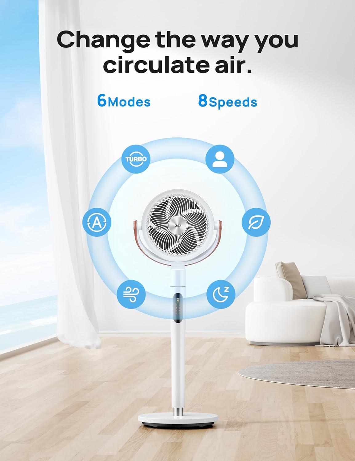 43'' White Adjustable Height Smart Oscillating Floor Fan