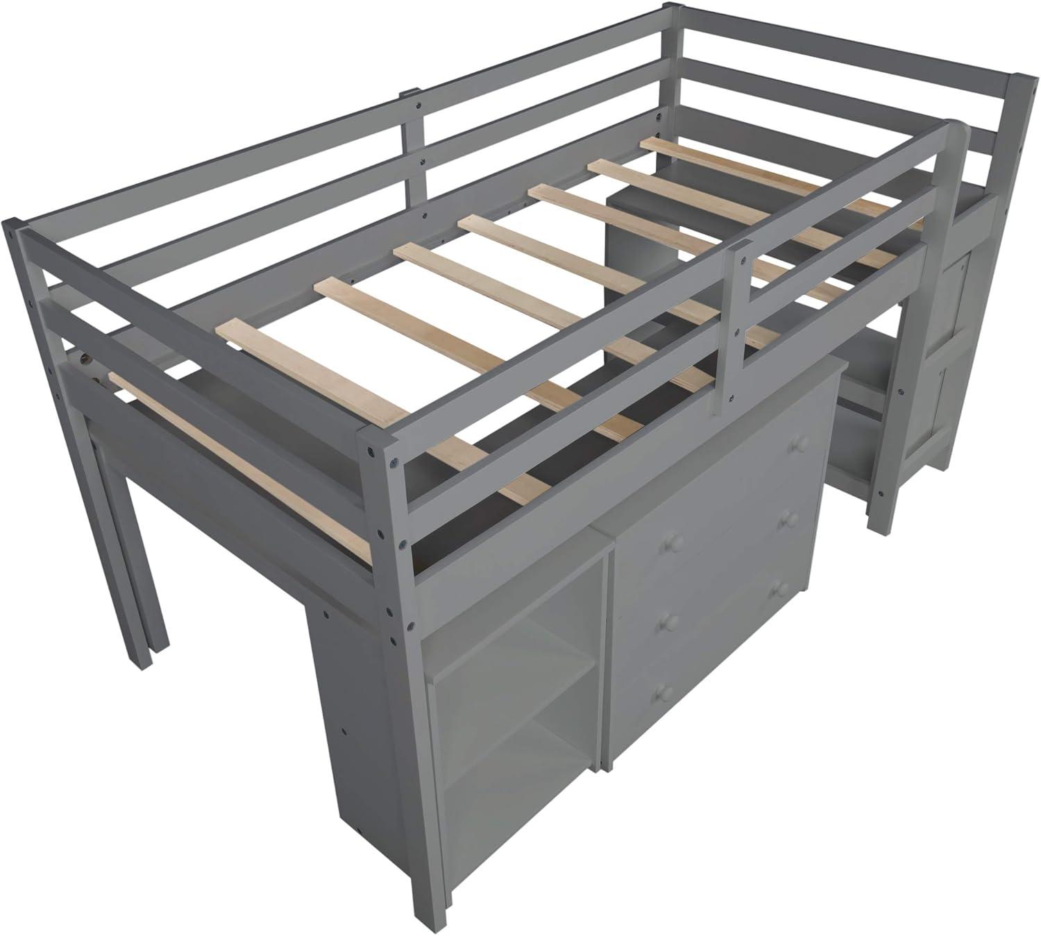 Twin Loft Bed Frame with Rolling Desk, Cabinets and Bookshelf, Wood Low Study Loft Bed with Full-length Guardrail for Kids, No Box Spring Required, Gray