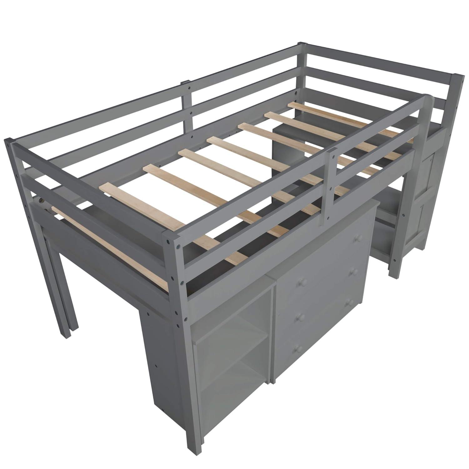 Harper & Bright Designs Twin Loft Bed with Cabinet and Rolling Portable Desk, Wooden Low Study Loft Bed with Drawers, Gray