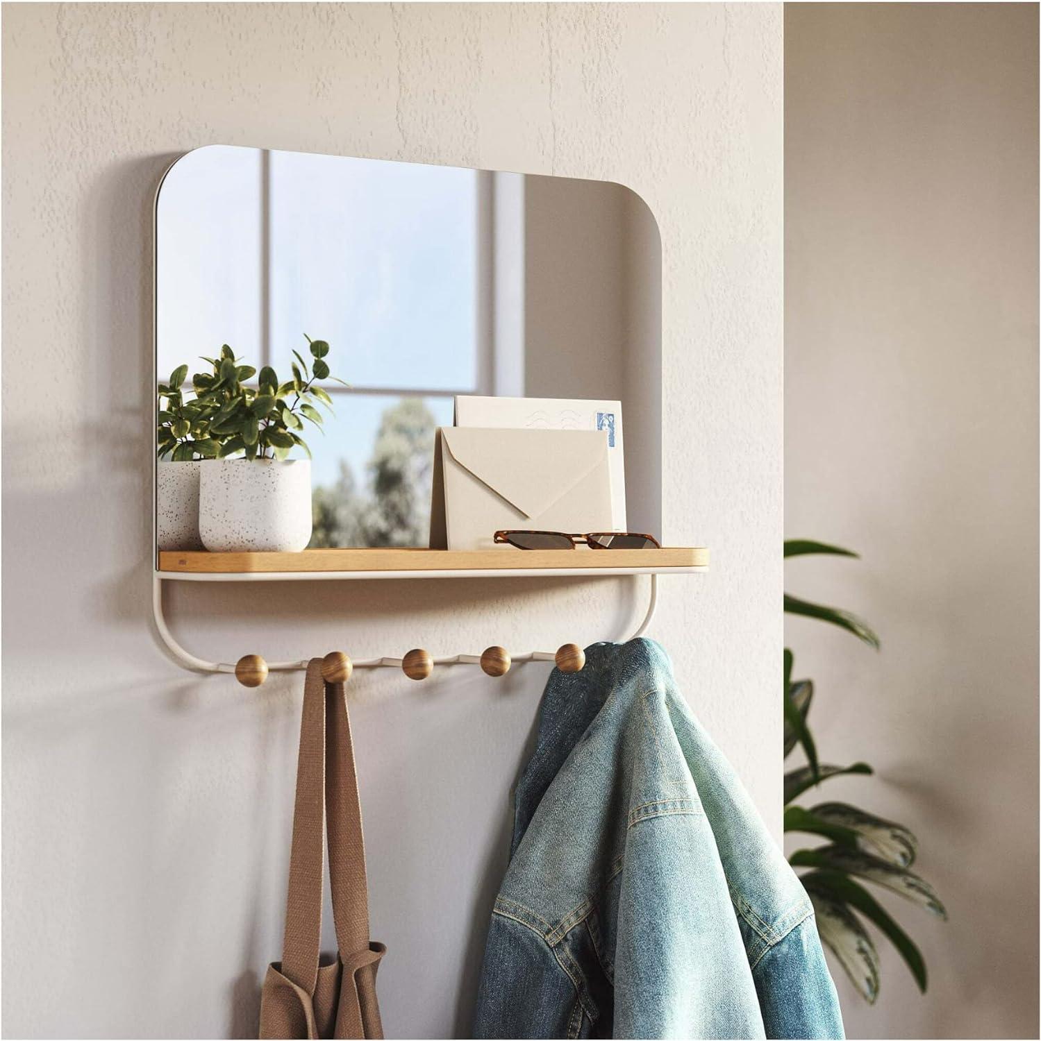 White Wood Rectangular Mirror with Hooks and Tray