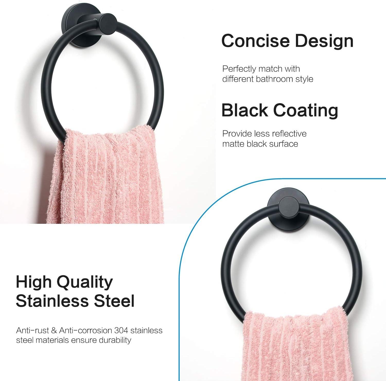 Matte Black Towel Ring for Bathroom Stainless Steel Rustproof Modern Hand Towel Holder Hangers Round Wall Mount Bath Hardware Set with Installation Accessories and Instructions