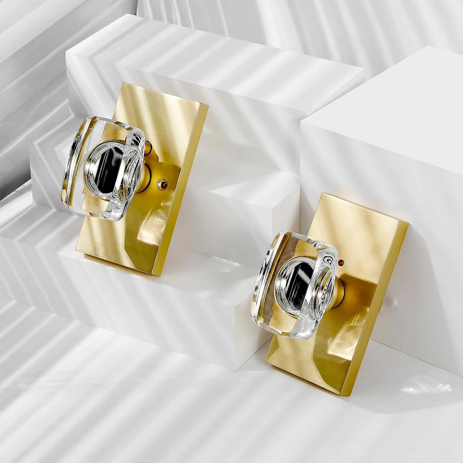 Clear Glass Crystal Door Knobs Interior,Octagon Gold Door Knob,Bathroom Bedroom Privacy Door Knobs with Lock,Satin Brass