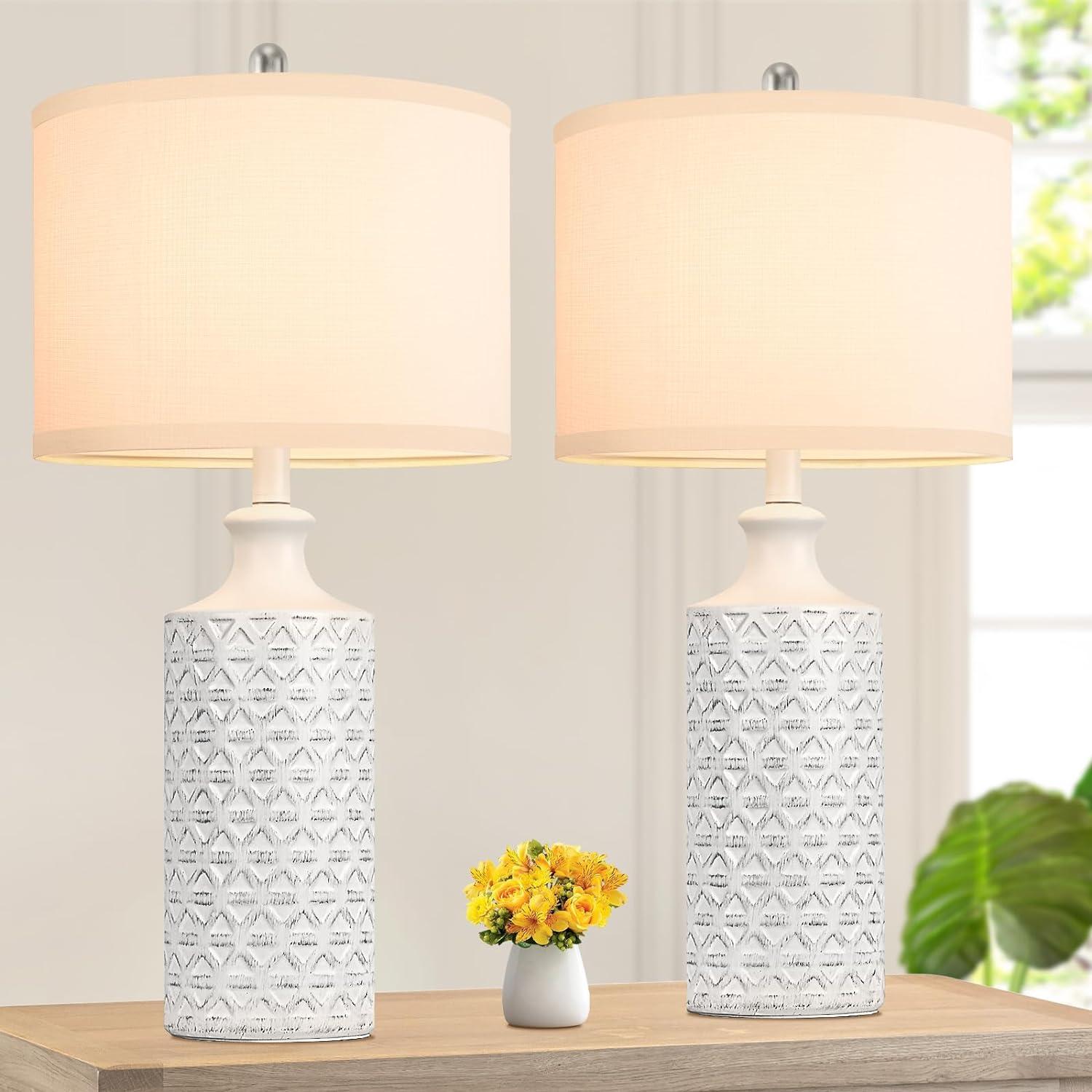 24.75'' White Ceramic Table Lamp Set with Beige Drum Shade