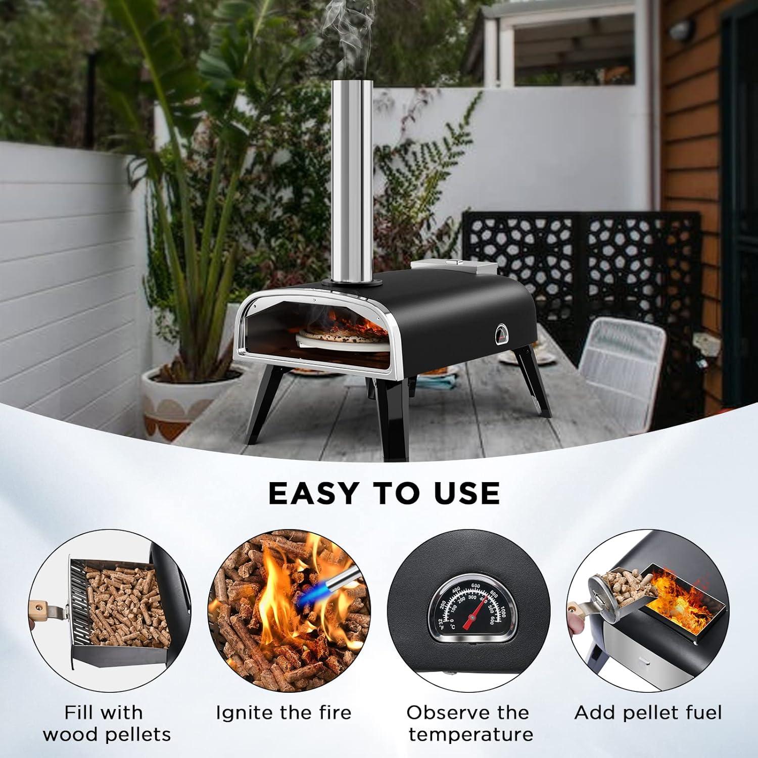 Portable Rotatable Wood Fired Outdoor Pizza Oven with Thermometer