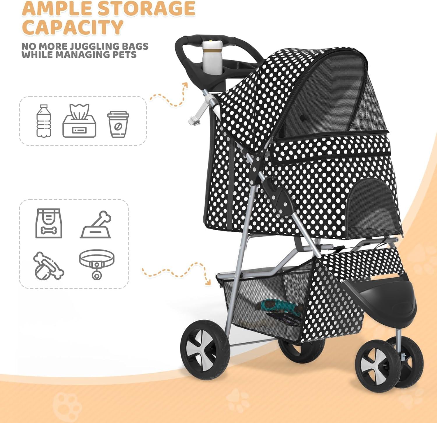 Pet Stroller Dog Cat Stroller Foldable Stroller With Adjustable Canopy