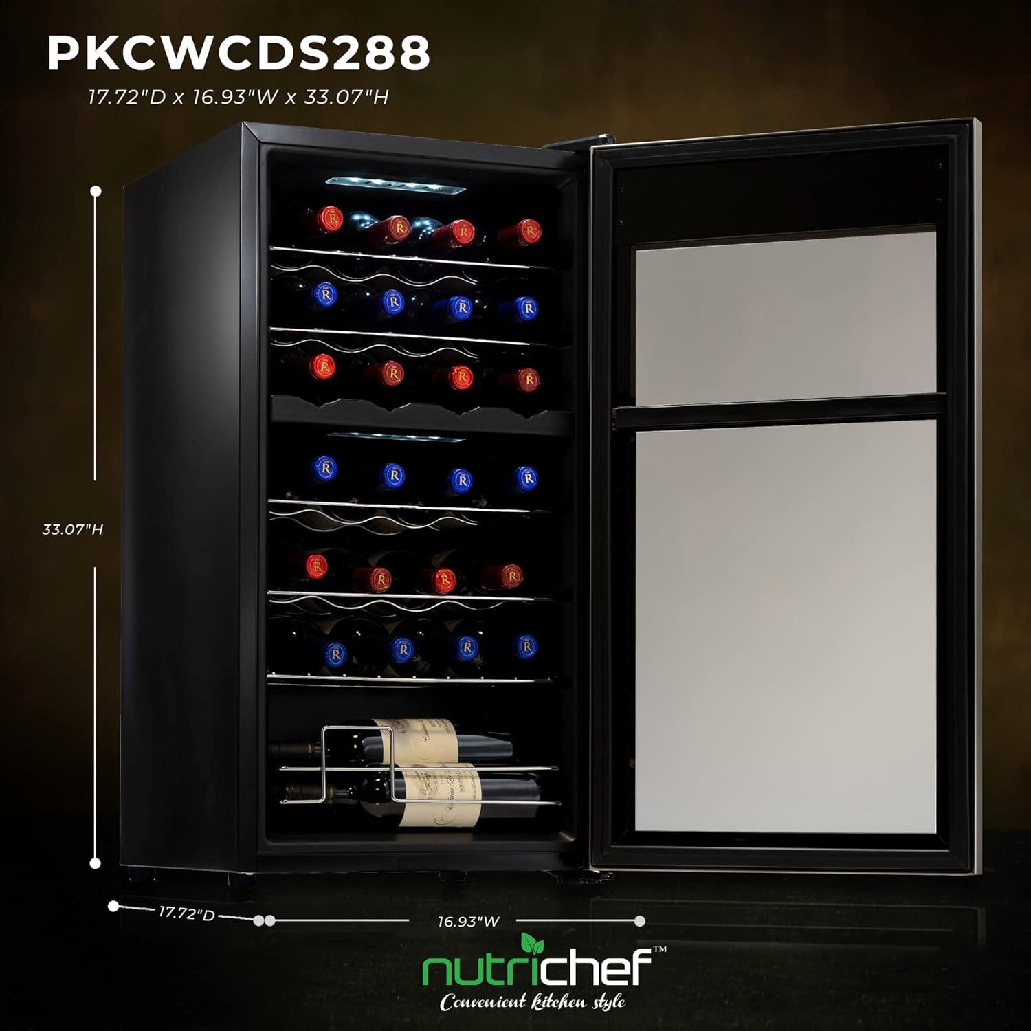 NutriChef 28 Bottle Compressor Cooler Dual-Zone Refrigerator Cooling System