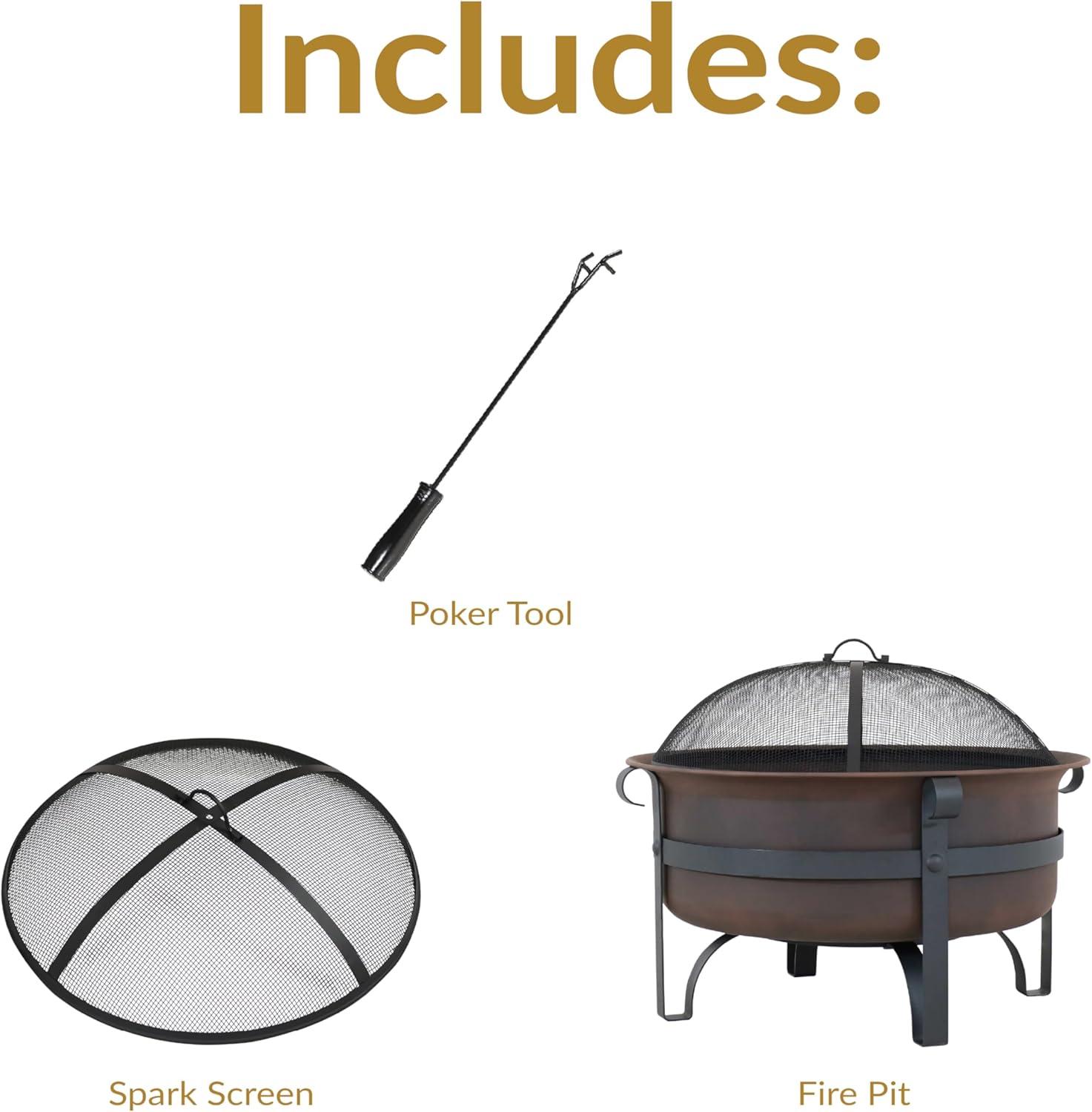 Sunnydaze Outdoor Camping or Backyard Large Round Cauldron Fire Pit Bowl with Log Poker and Spark Screen - 29"