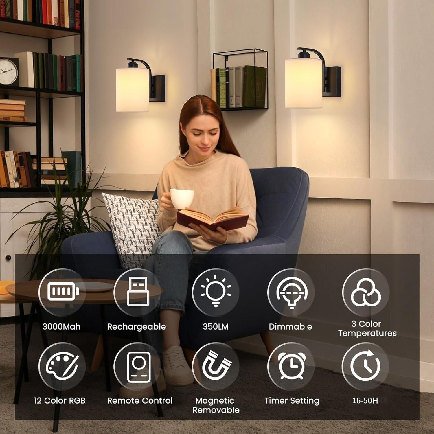 Latitude Run® Battery Operated Wall Sconce Set Of 2, Wireless Rechargeable Wall Lights, Glass Wall Lamps With Remotes And Dimmable RGB LED Bulbs, No Wiring Indoor Sconces Wall Decor For Bedroom Living Room Hallway