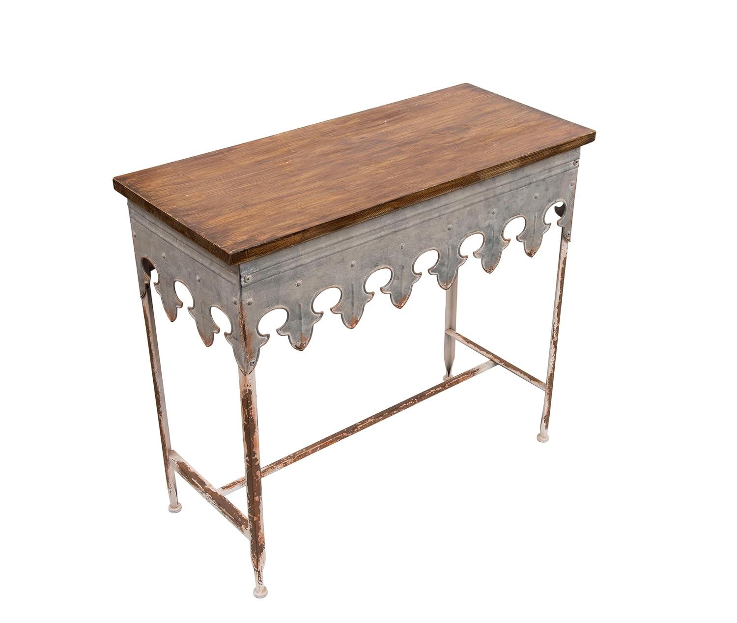 Storied Home Scalloped Sofa Table Silver: Farmhouse Zinc-Finish, Fir Wood Top, 44 lbs Capacity