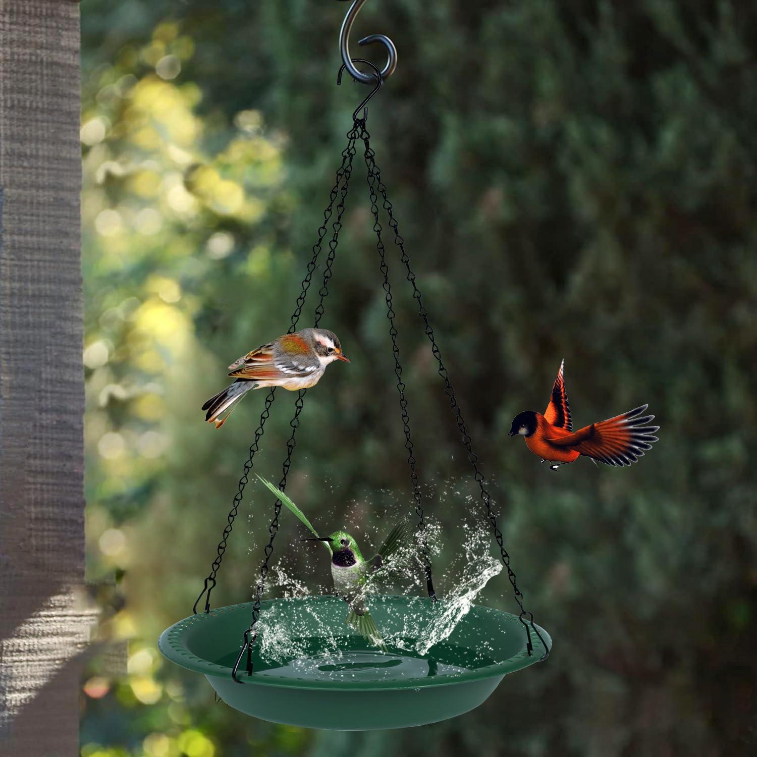 Bird Baths for Outdoors Heavy Duty, 16 inch BirdBath Bowl Only with 25” Rust-Proof Black Chains, Hanging Bird Bath Hanging Bird-Feeder for Garden Backyard Decor (Green 1 Pack)