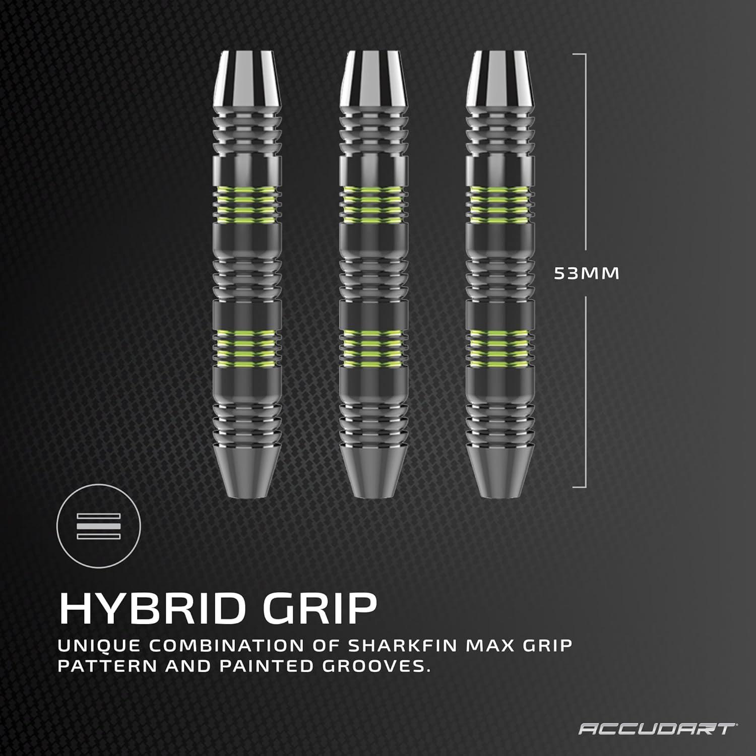 Accudart Steel Tip Dart Set 3.0 - Gunmetal Finish Steel Barrel - Hybrid Grip - Polycarbonate Shafts - Standard Shape Flights - Drop in Case Stores Fully Assembled Darts