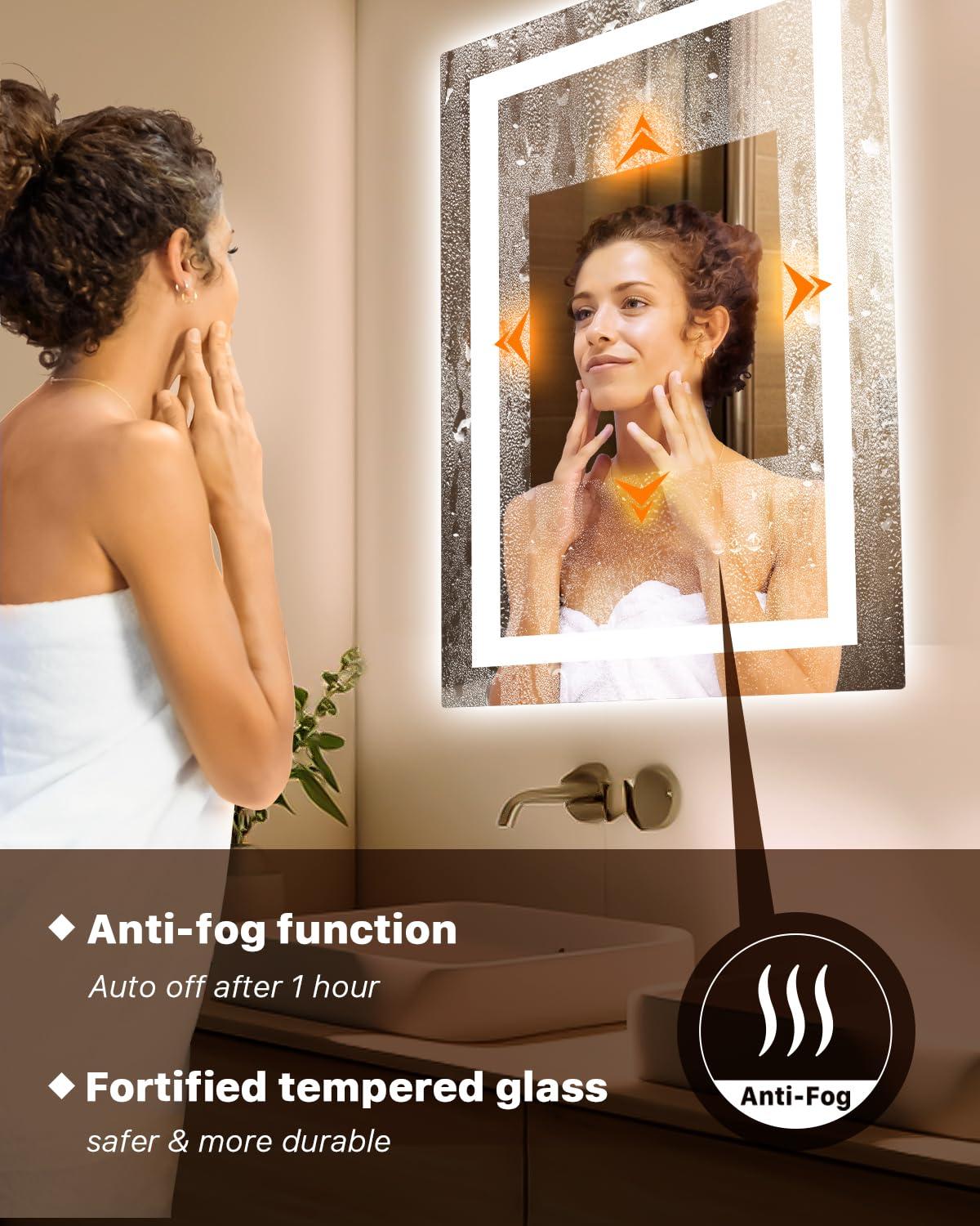 Amorho LED Mirror for Bathroom, 24"X32" with Front and Backlight, Stepless Dimmable Wall Mirrors with Anti-Fog, Shatter-Proof, Memory, 3 Colors, Double LED Vanity Mirror(Horizontal/Vertical)