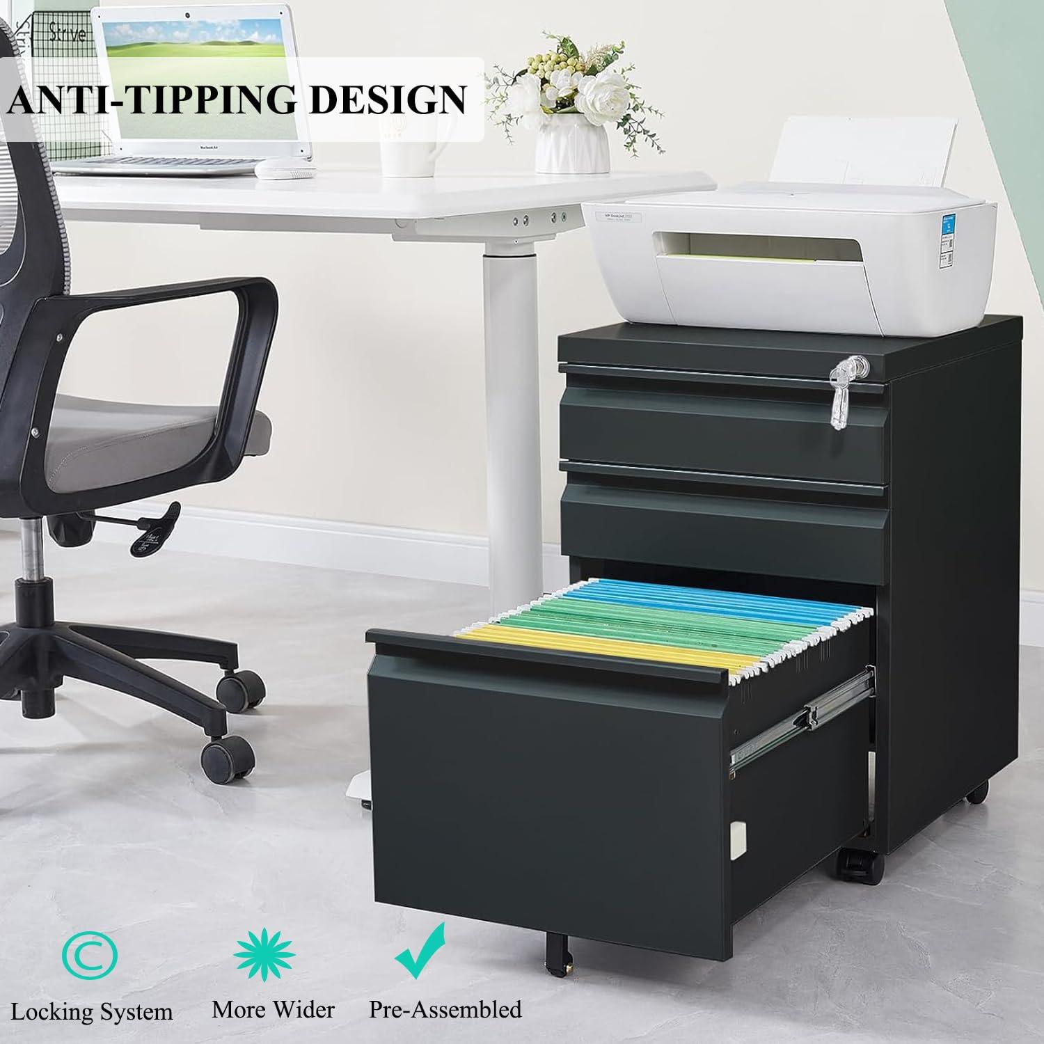 MIIIKO File Cabinet 3 Drawers on Wheels Under Desk, Black Metal Rolling File Cabinets with Lock for Home Office, Un-Assembled Filing Cabinet with Lock