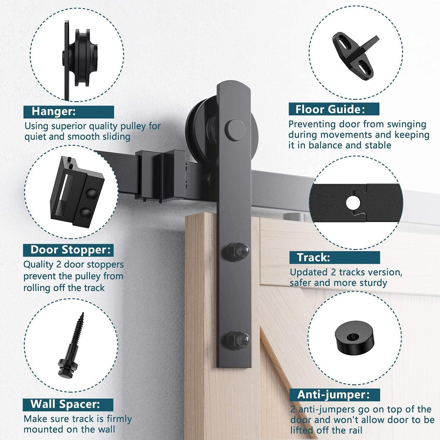 8ft Heavy Duty Sturdy Sliding Barn Door Hardware Kit, Double Door-Smoothly and Quietly, Easy to Install and Reusable - Fit 1 3/8-1 3/4" Thickness & 24" Wide Door Panel, Black(I Shape Hanger)