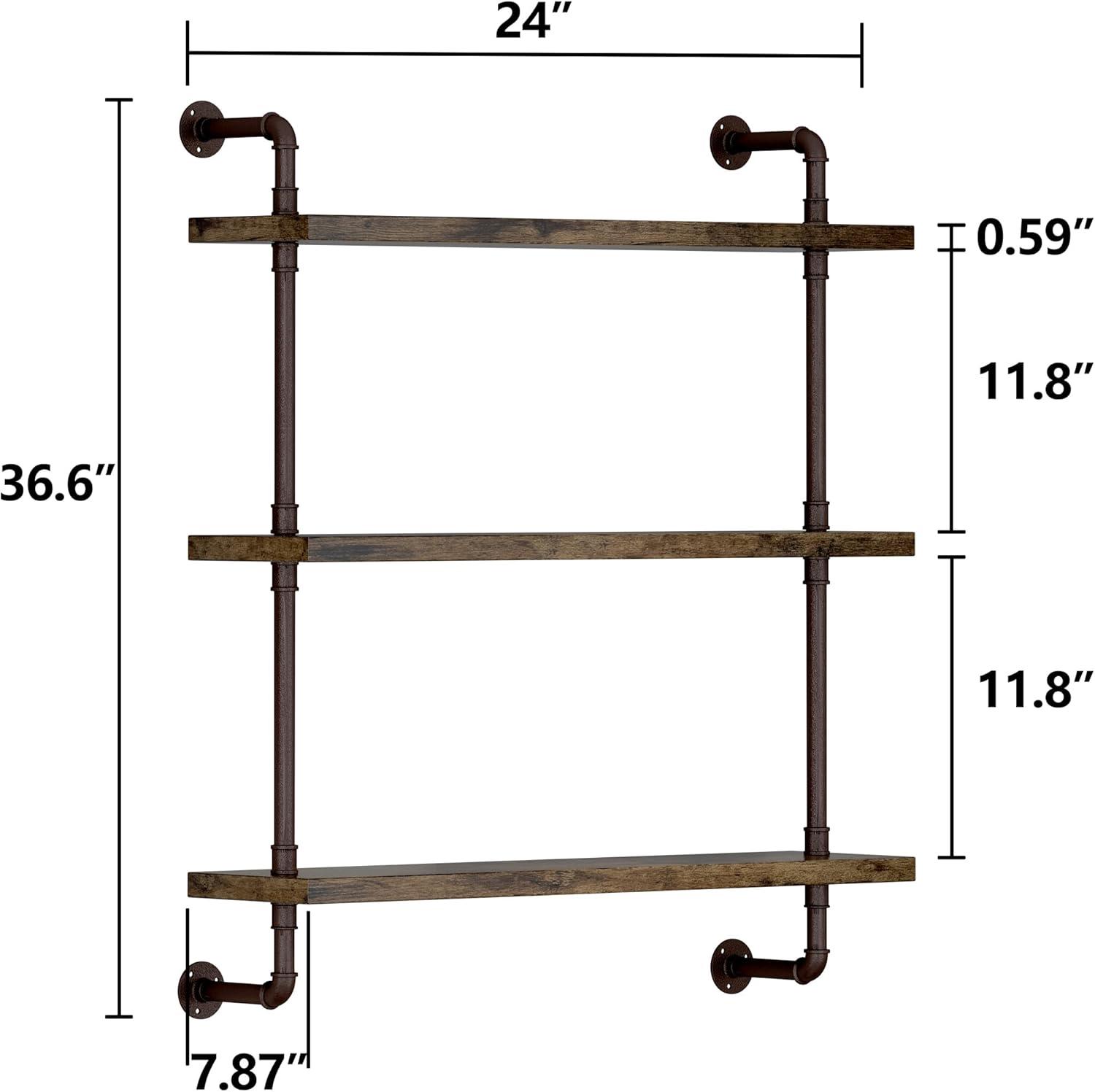 3 Tier Industrial Pipe Shelf Rustic Wood Floating Shelves,Wall Display Bookshelf,Storage Rack Sundries Holder for Kitchen Office Bathroom Organization and Home Decor (24inch)