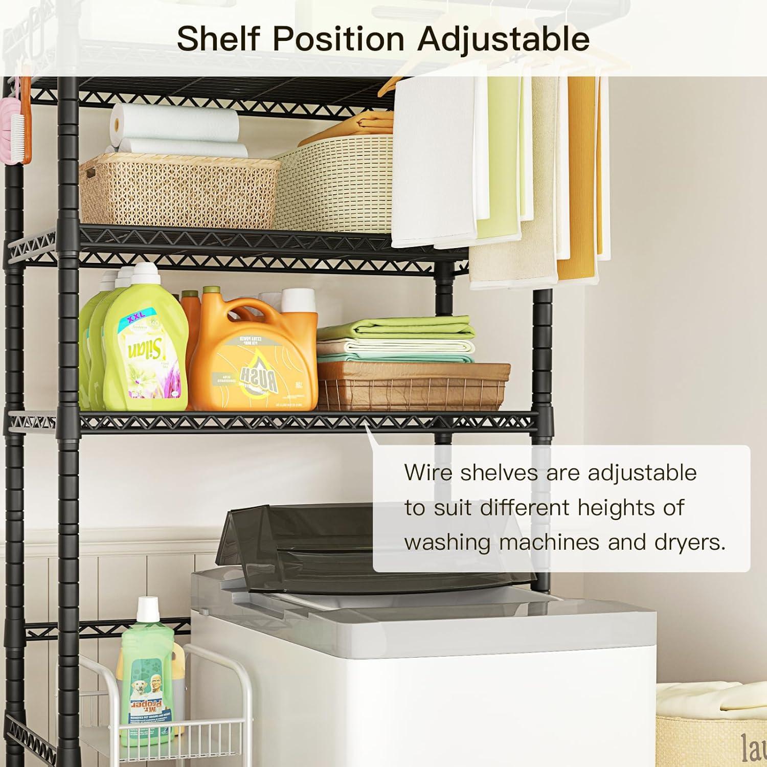 Mini Over Washer and Dryer Shelves, 3 Tiers Laundry Room Storage and Organizer Standing Shelf, Metal Freestanding Clothes Drying Rack, 28.3”W x 19.7”D x 77.6”H, Black