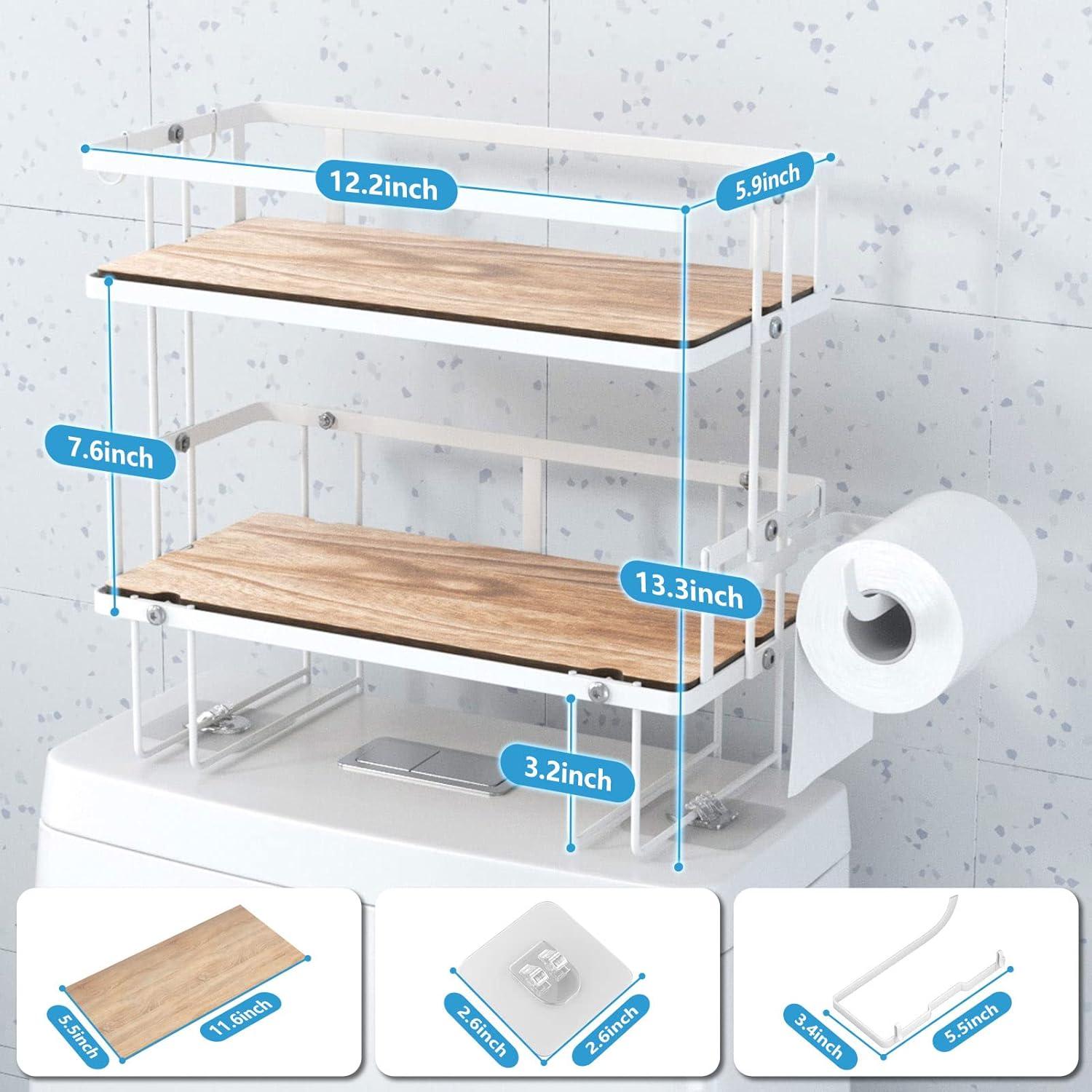 White Metal and Wood 2-Tier Over-the-Toilet Storage Shelf