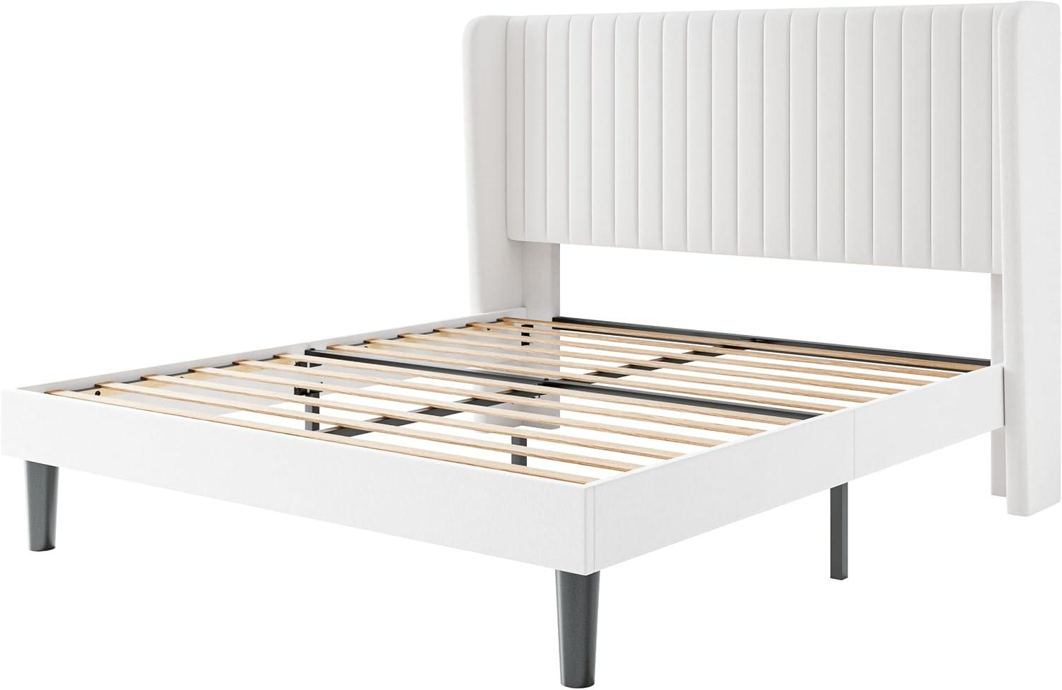 White Velvet Upholstered Queen Bed Frame with Tufted Headboard