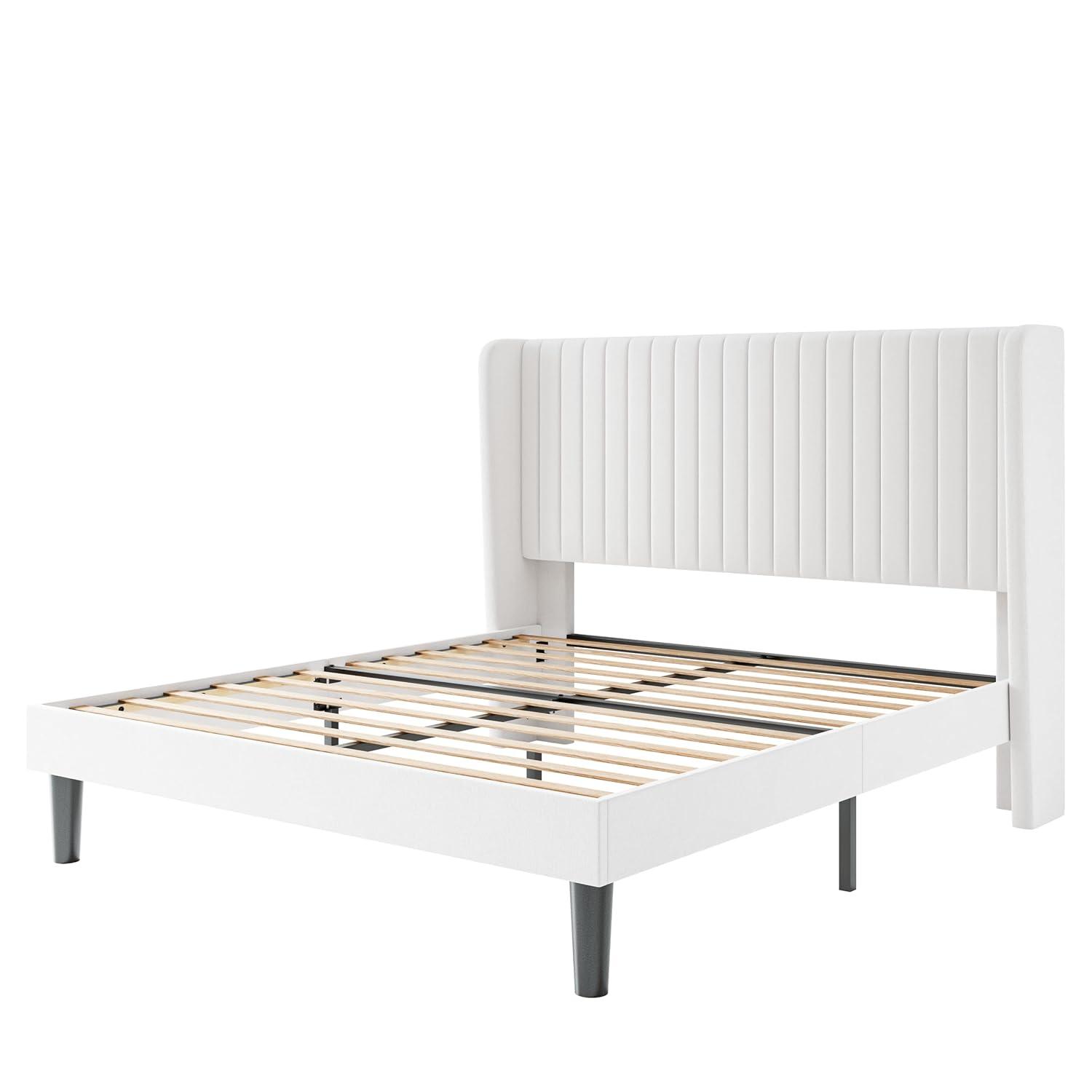 SHA CERLIN Queen Size Velvet Bed Frame with Vertical Channel Tufted Wingback Headboard, Upholstered Platform Bed with Wood Slats, No Box Spring Needed, Easy Assembly, White