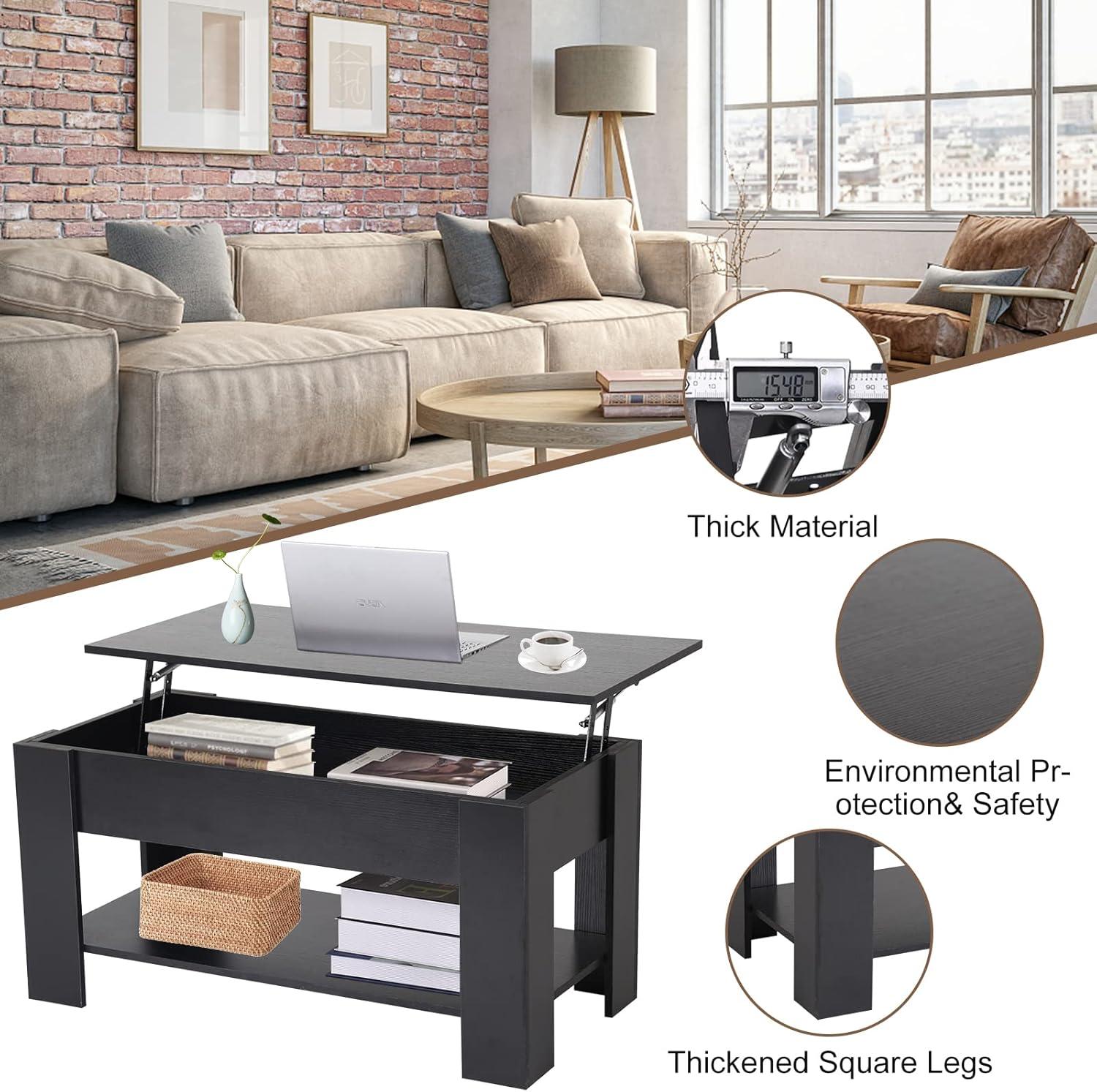 FDW Coffee Tables with Hidden Compartment and Storage Shelf Wooden Lift Tabletop Dining Table for Living Room Home (White)