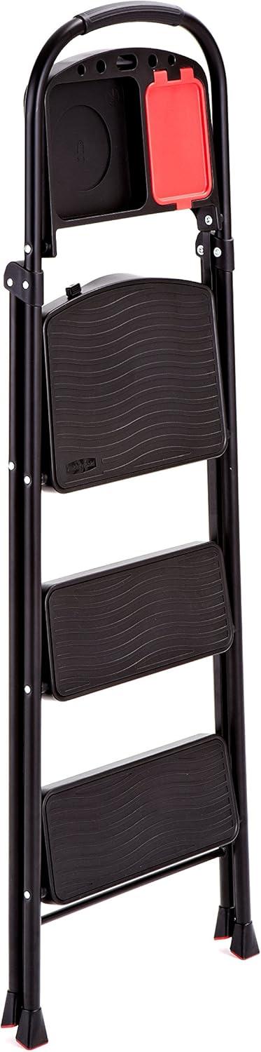 Black Foldable Steel 3-Step Ladder with Project Tray