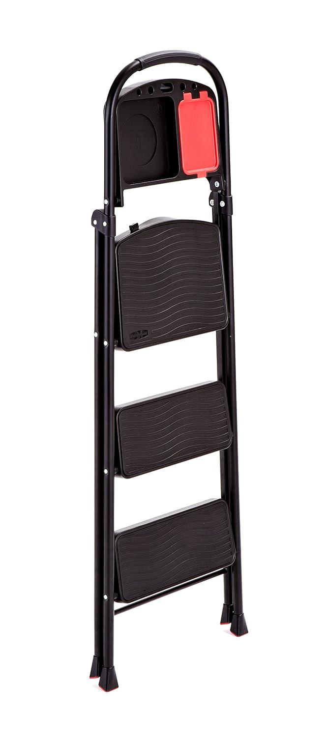 Black Foldable Steel 3-Step Ladder with Project Tray
