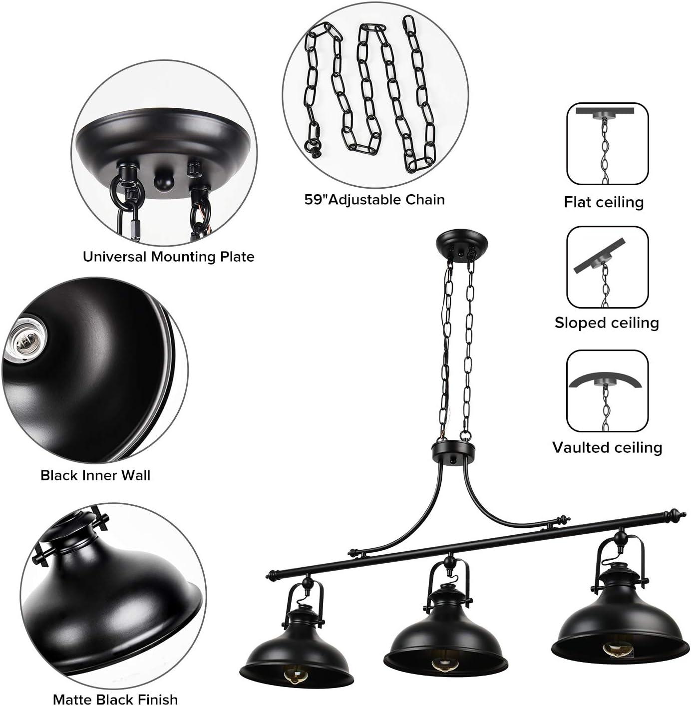 GZBtech Vintage 3-Light Pendant Lighting Fixture, 59.06'' H Adjustable Rustic Hanging Billiard Light Over The Pool Table, Industrial Black Metal Chandelier for Dinning Room Kitchen Island