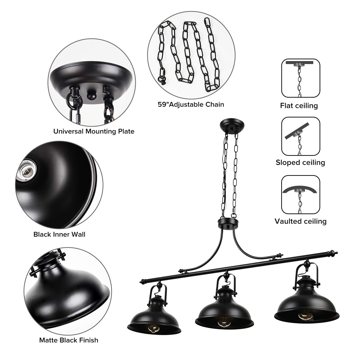 GZBtech Vintage 3-Light Pendant Lighting Fixture, 59.06'' H Adjustable Rustic Hanging Billiard Light Over The Pool Table, Industrial Black Metal Chandelier for Dinning Room Kitchen Island
