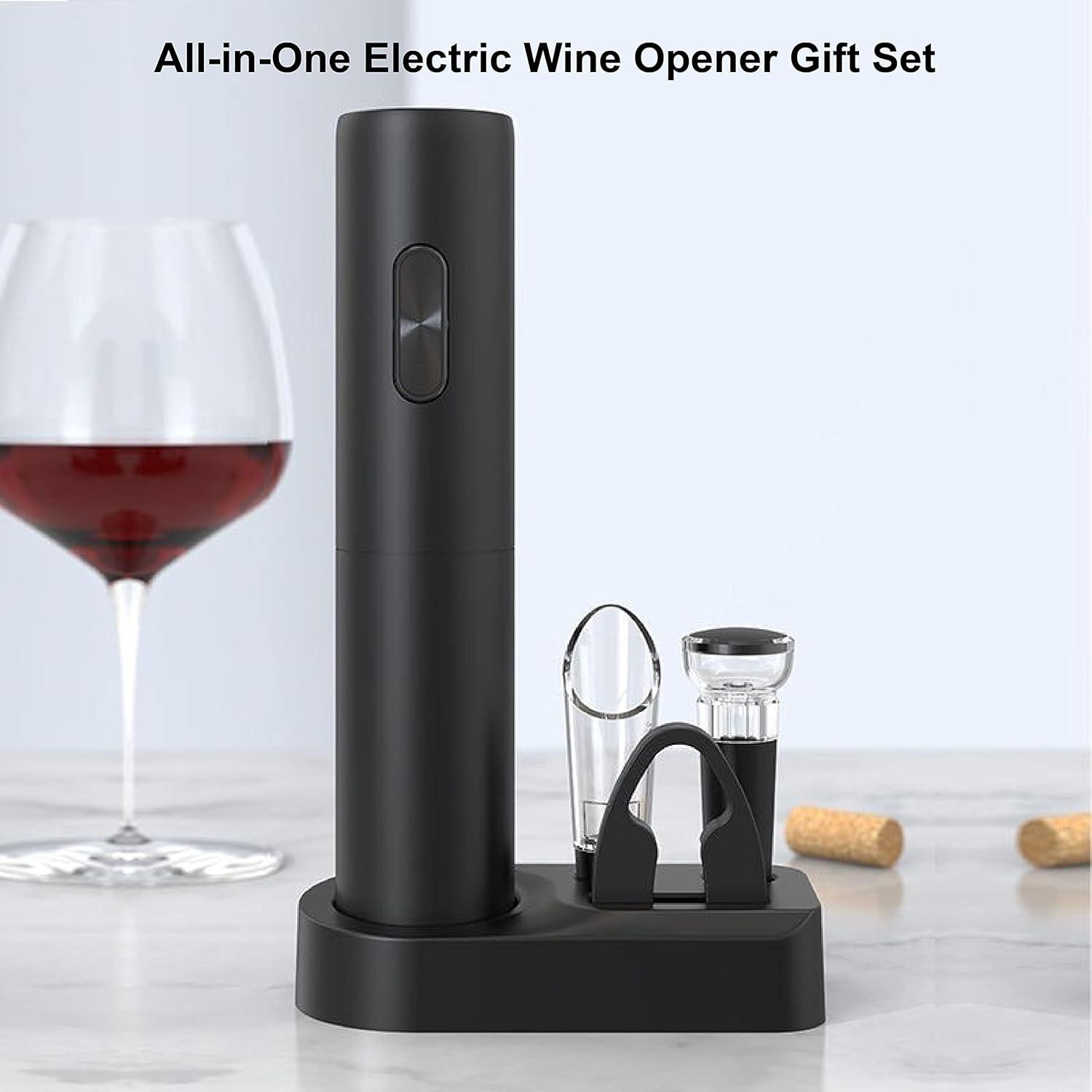 Rechargeable Electric Wine Opener, 5 in 1 set with Automatic Electric Wine Bottle Corkscrew Opener, Foil Cutter, Vacuum Stopper, Wine Pourer and Storage Charging Stand