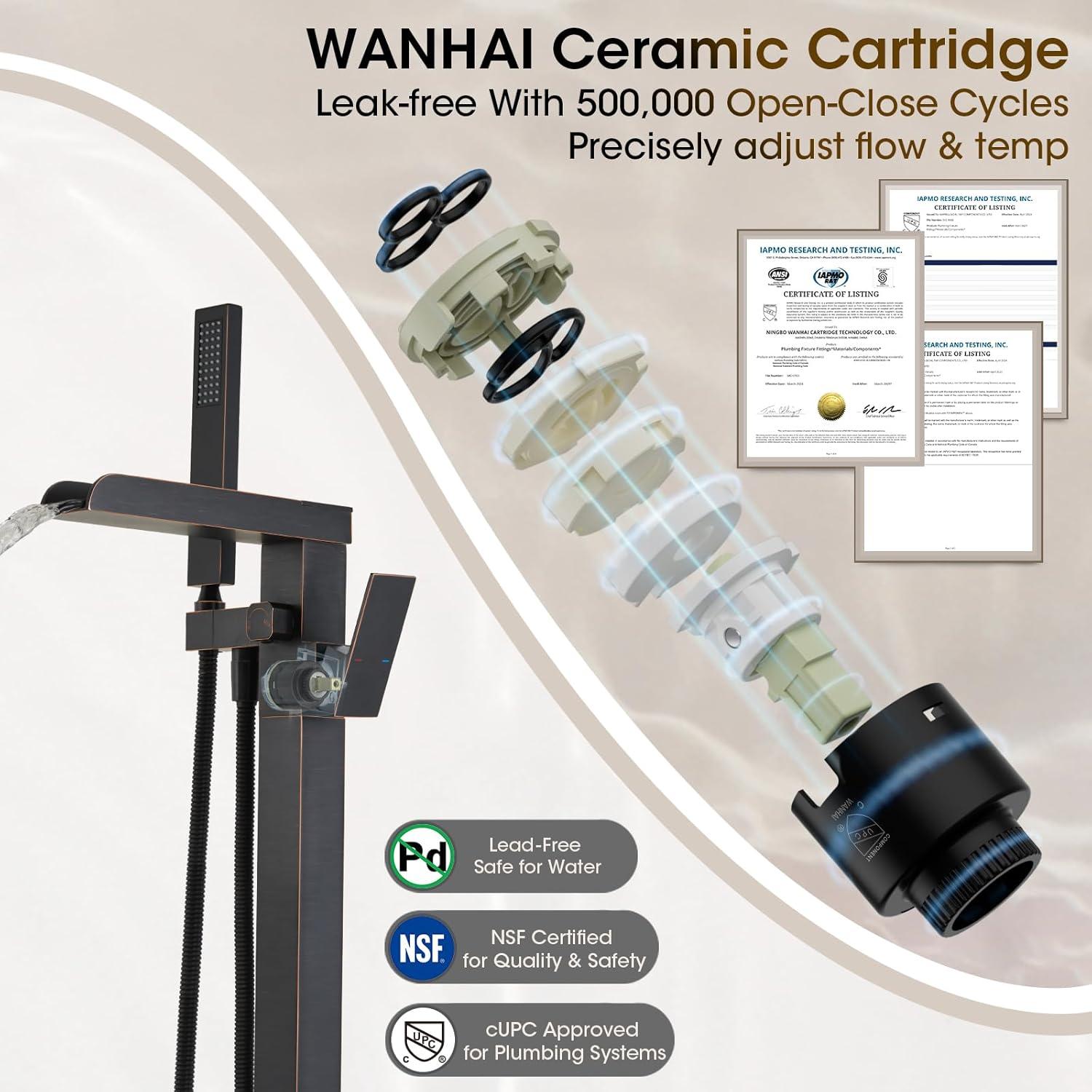 Single-Handle Floor Mount Freestanding Tub Faucet Waterfall Tub Filler with Handheld Shower in Oil Rubbed Bronze