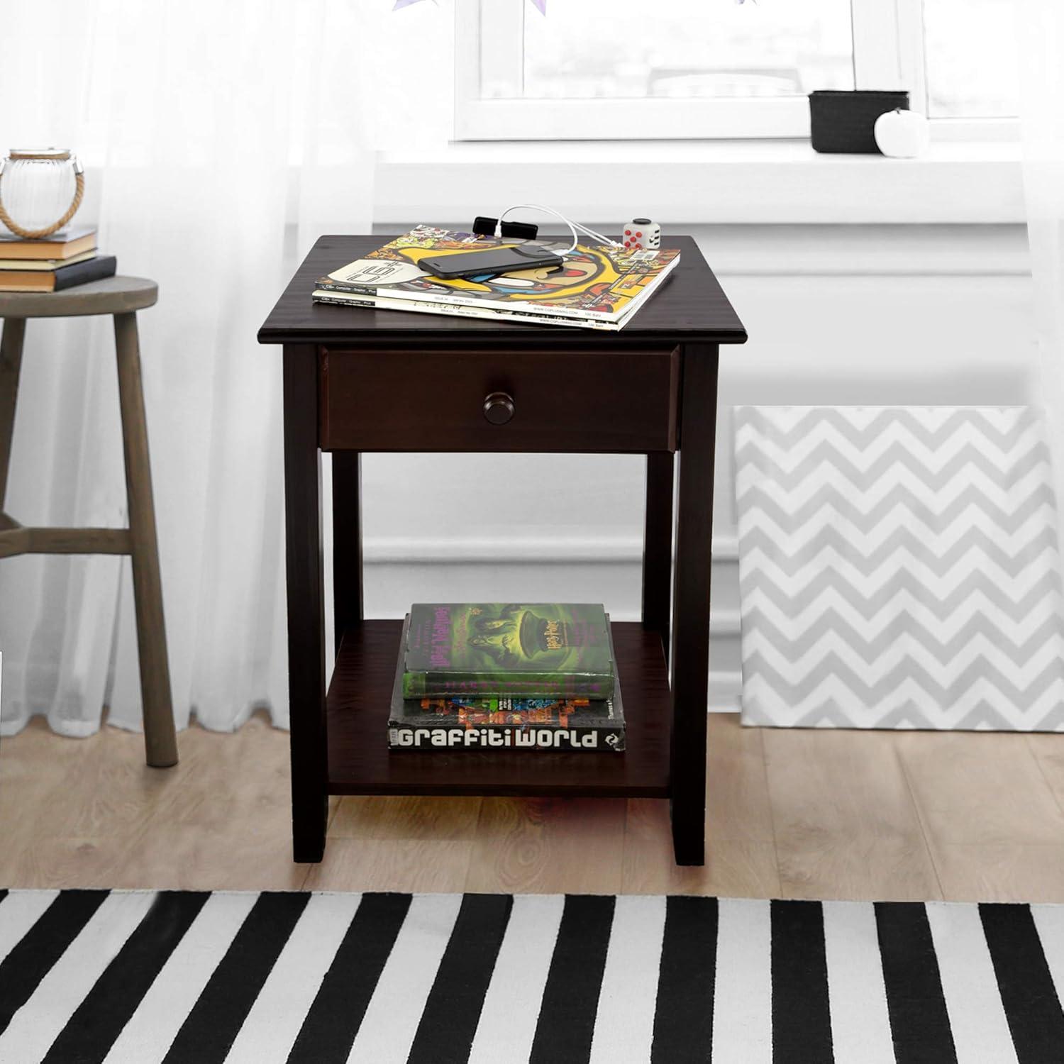 Casual Home Night Owl Sleek Solid Wood Bedroom Nightstand with Included Discrete 4 port USB Port Station