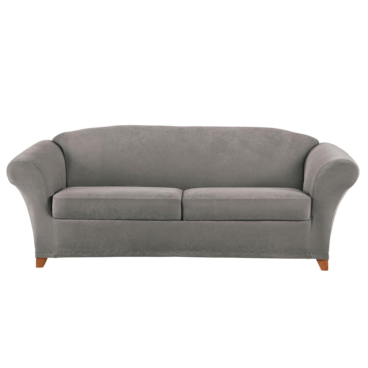 3pc Stretch Pique Sofa Slipcovers Flannel Gray - Sure Fit: Furniture Protector, Indoor Elastic Fit