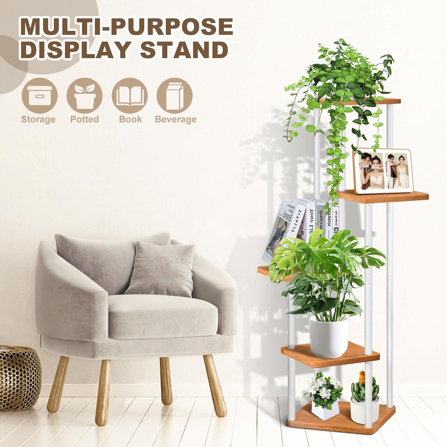 5 Tier Wood Tall Plant Stand Metal Rack Indoor, Multiple Flower Pot Holder Shelves Corner Rack, Planter Shelf Display Rack Storage Organizer for Patio Living Room Balcony Garden(White)