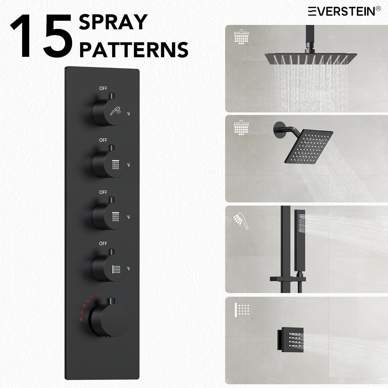 DualJetSpa 15-Spray Patterns 16" & 6" Dual Shower Head, Shower FaucetSystem with Thermostatic Rough-in Valve and Body Jets