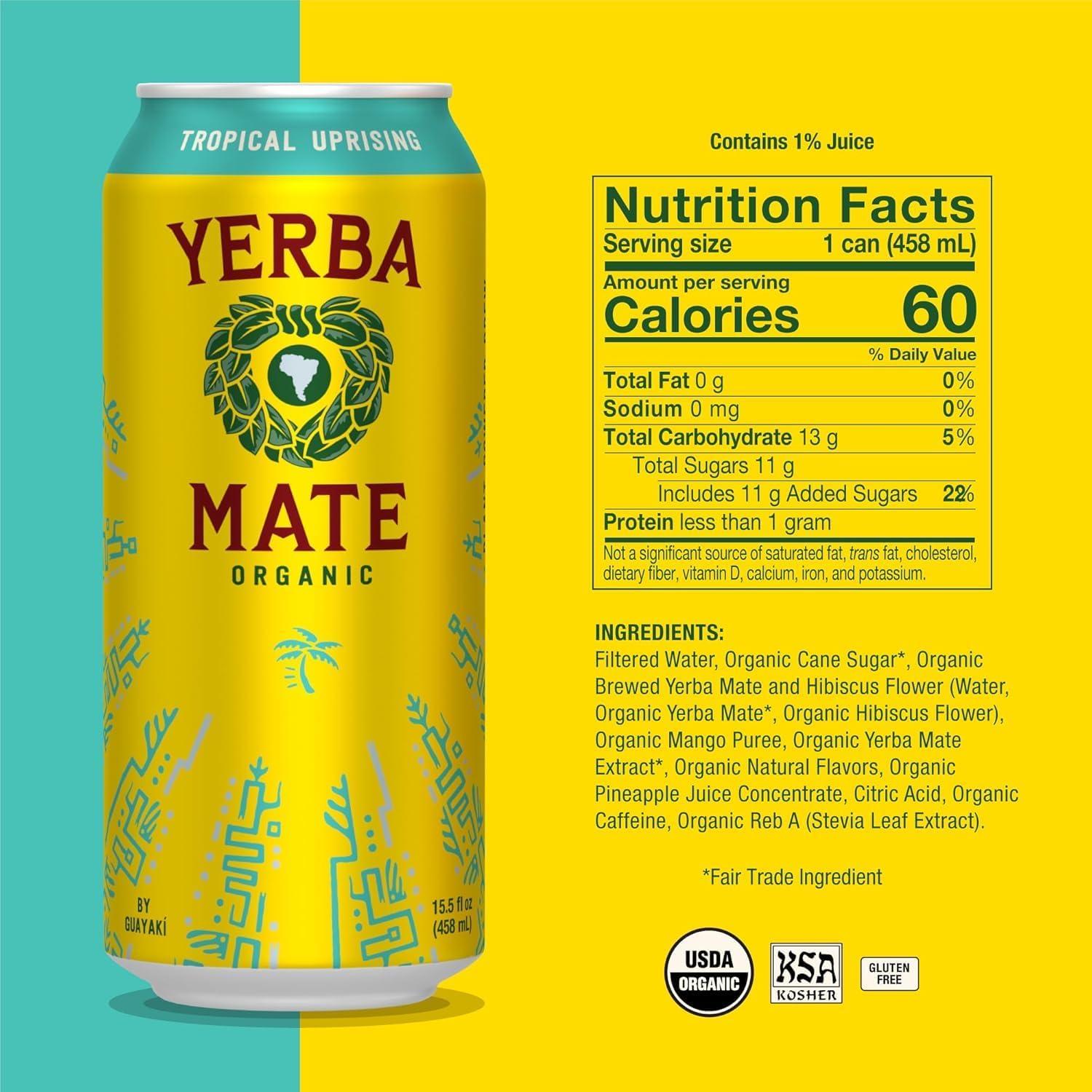 Guayaki Yerba Mate, Clean Energy Drink Alternative, Organic Tropical Uprising, 15.5oz (Pack of 12), 150mg Caffeine