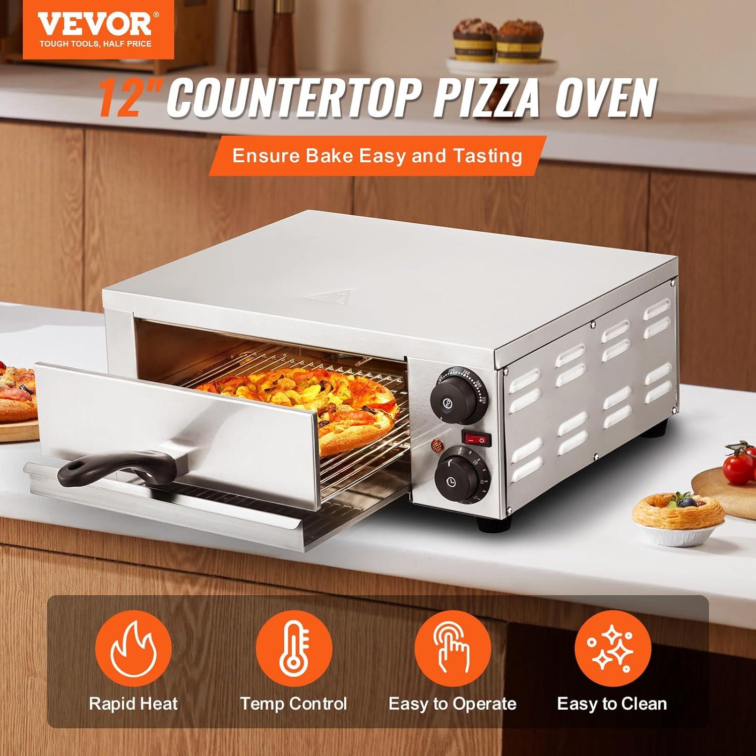 VEVOR Electric Pizza Oven for Countertops, 12-inch, 1500W, with Temp Control & 0-120 Min Timer, Even Baking Technology & Easy Clean Crumb Tray