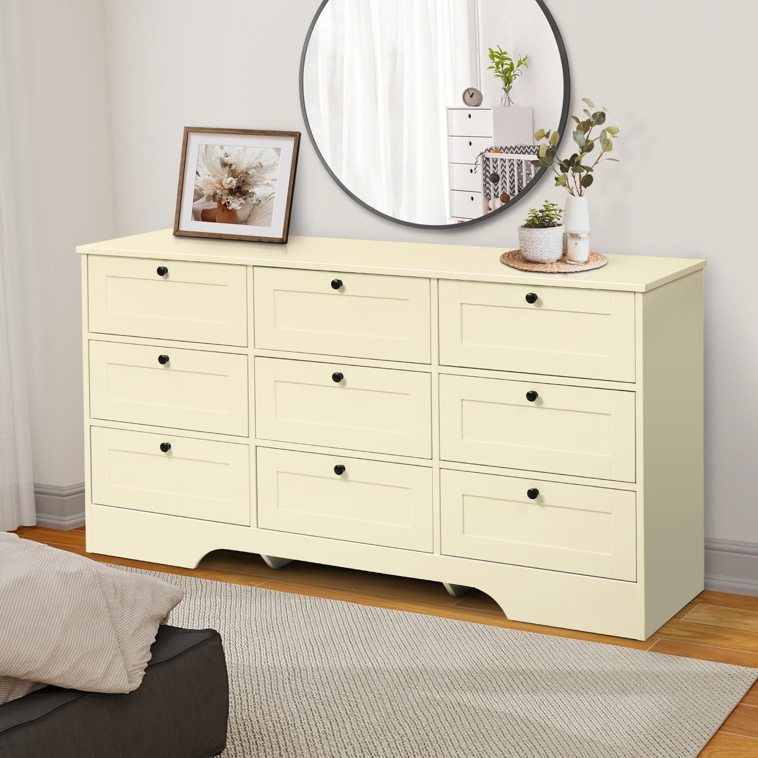 Beige Double 9-Drawer MDF Wood Dresser