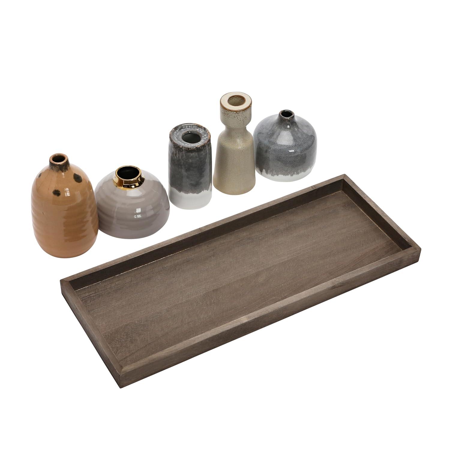 Creative Co-Op Stoneware Vase Ensemble on a Mango Wood Tray, Set of 5