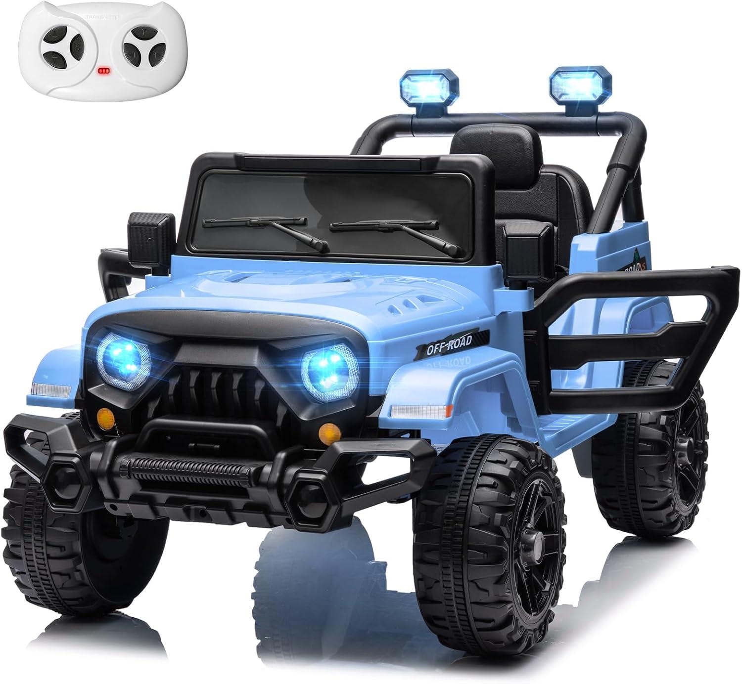 12V Kids Ride On Truck, Toddlers Battery Powered Electric Vehicle with Remote Control, Ride On Toy Car with 3 Speeds, Spring Suspension Headlight, Music for Boys Girls 3-8, Blue