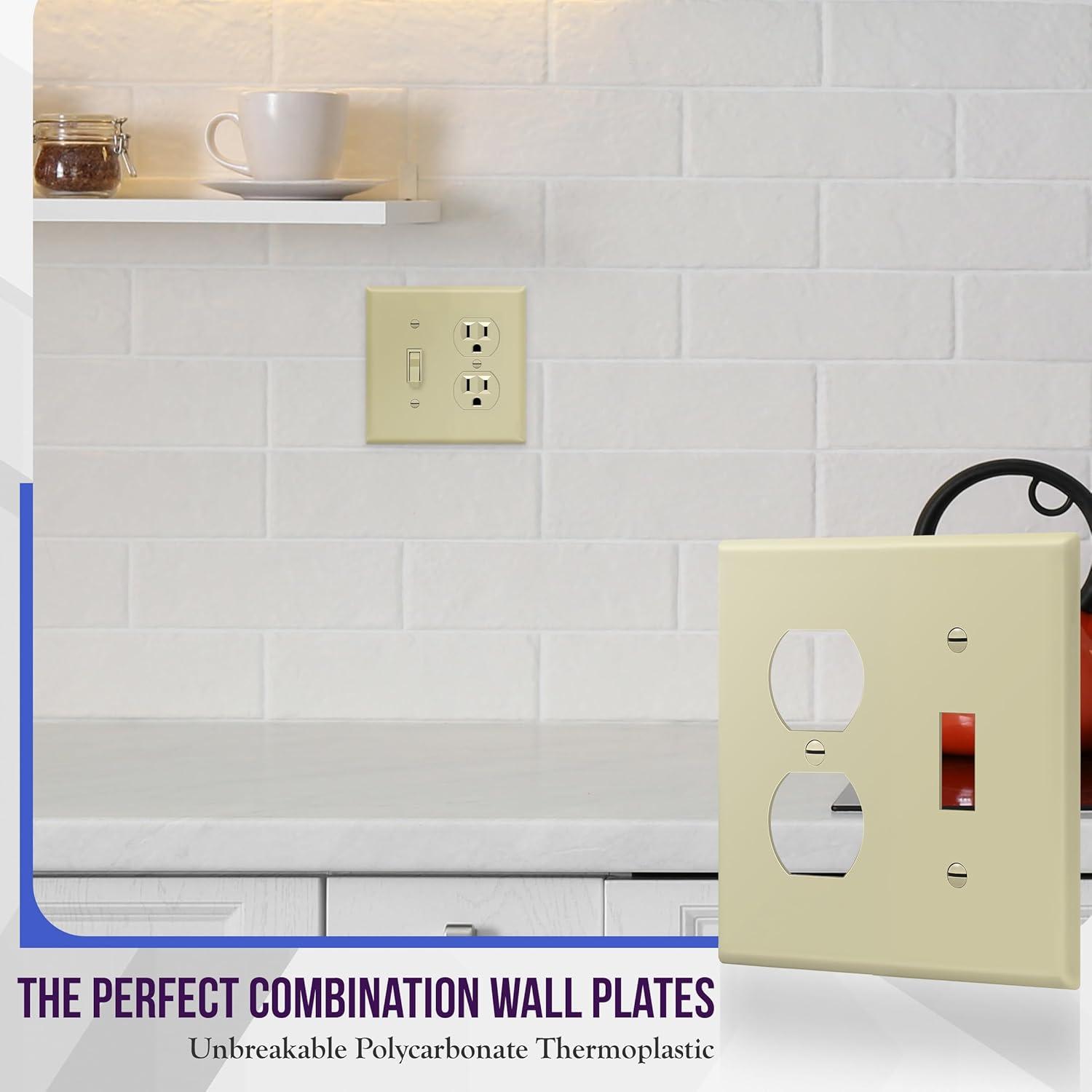 ENERLITES Combination Toggle Light Switch/Duplex Receptacle Outlet Wall Plate Cover, Standard Size 2-Gang, Polycarbonate Thermoplastic, UL Listed, 881121-I, Ivory