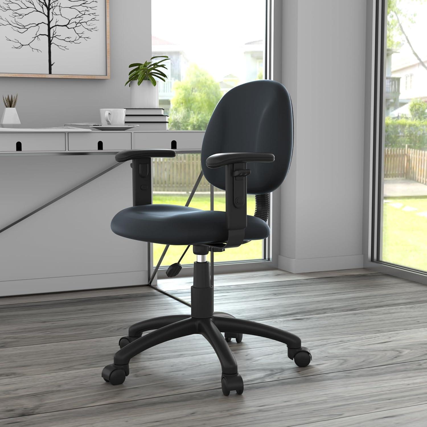 Posture Chair with Adjustable Arms Black - Boss Office Products: LeatherPlus, Lumbar Support, Swivel Base