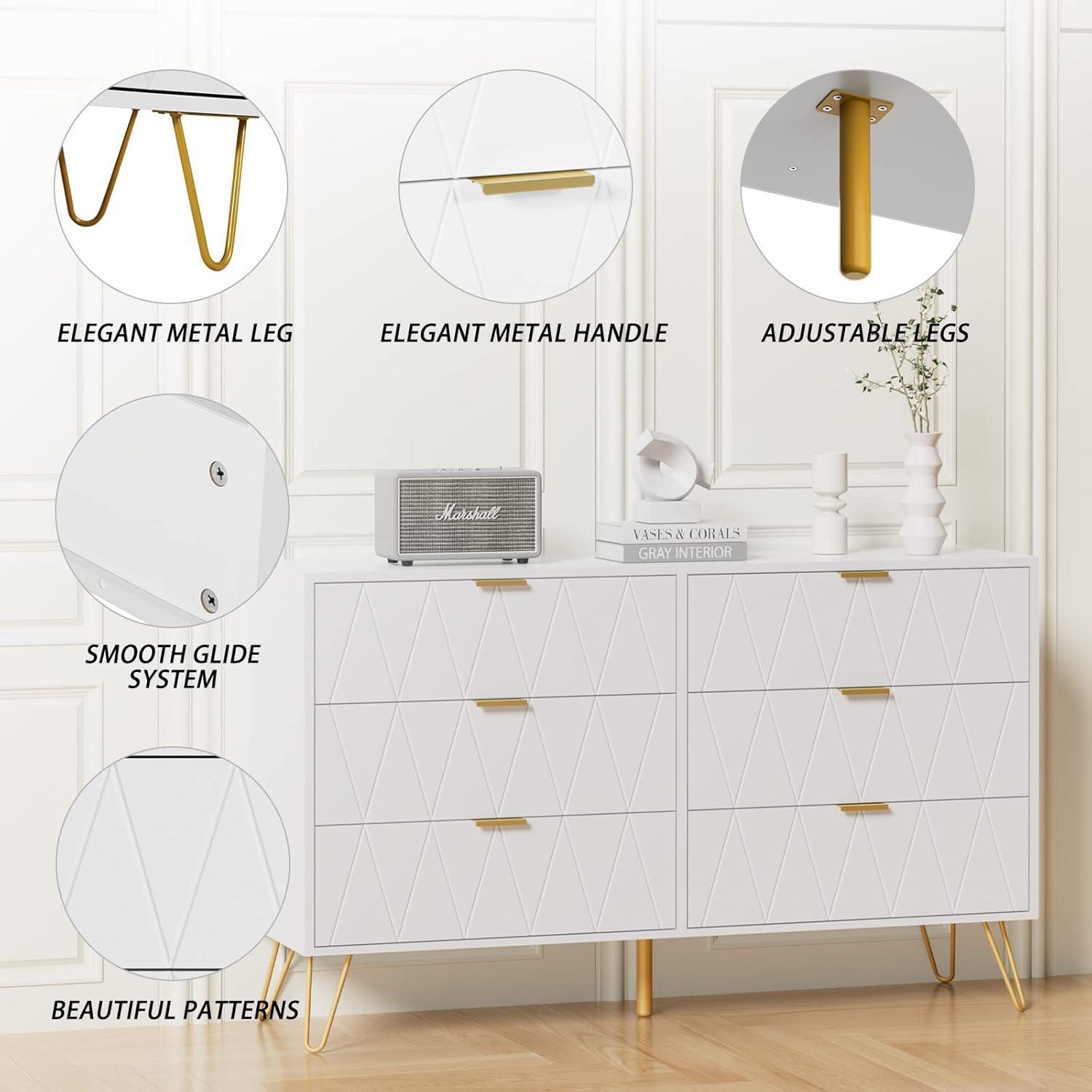 UEV Large White 6 Drawer Dresser,Modern Dresser Chest with Wide Drawers and Metal Handles,Wood Storage Chest of Drawers for Bedroom,Hallway,Entryway (White, Large 6 Drawer)