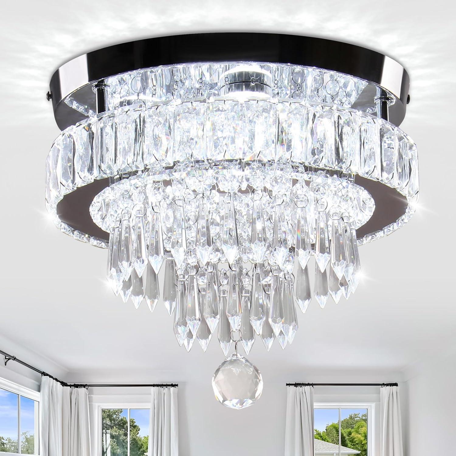 House of Hampton® House of Hampton® 11.8" Crystal Chandeliers Modern Crystal Ceiling Light LED Chandeliers Semi Flush Mount Chandelier Light for Bedrooms Dining Living Room Hallway (6500K Cool White Light)