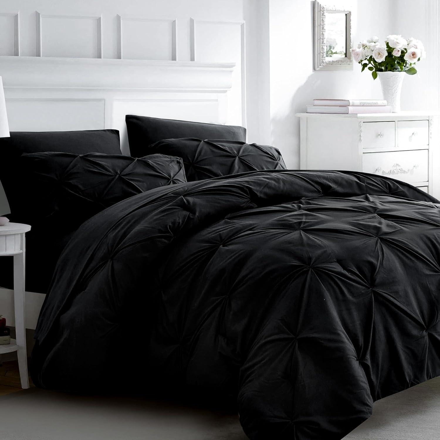 Black King Size Comforter Set - Bedding Set King 7 Pieces, Pintuck Bed in a Bag Black Bed Set with Comforter, Sheets, Pillowcases & Shams