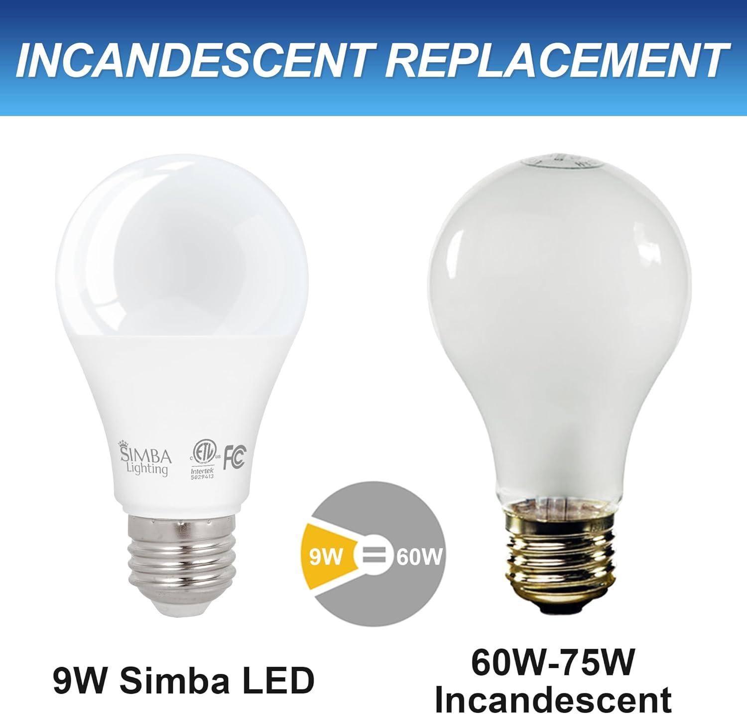 Simba Lighting LED A19 ETL Listed 9W 60W-75W Equivalent Dimmable Bulbs 120V E26 Base 5000K Daylight 6-Pack